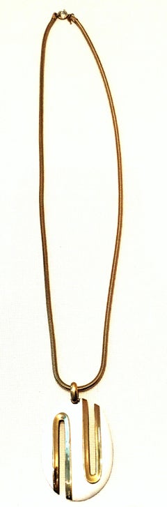 20th Century Trifari Crown Gold Plate & White Enamel Modernist Pendant Necklace