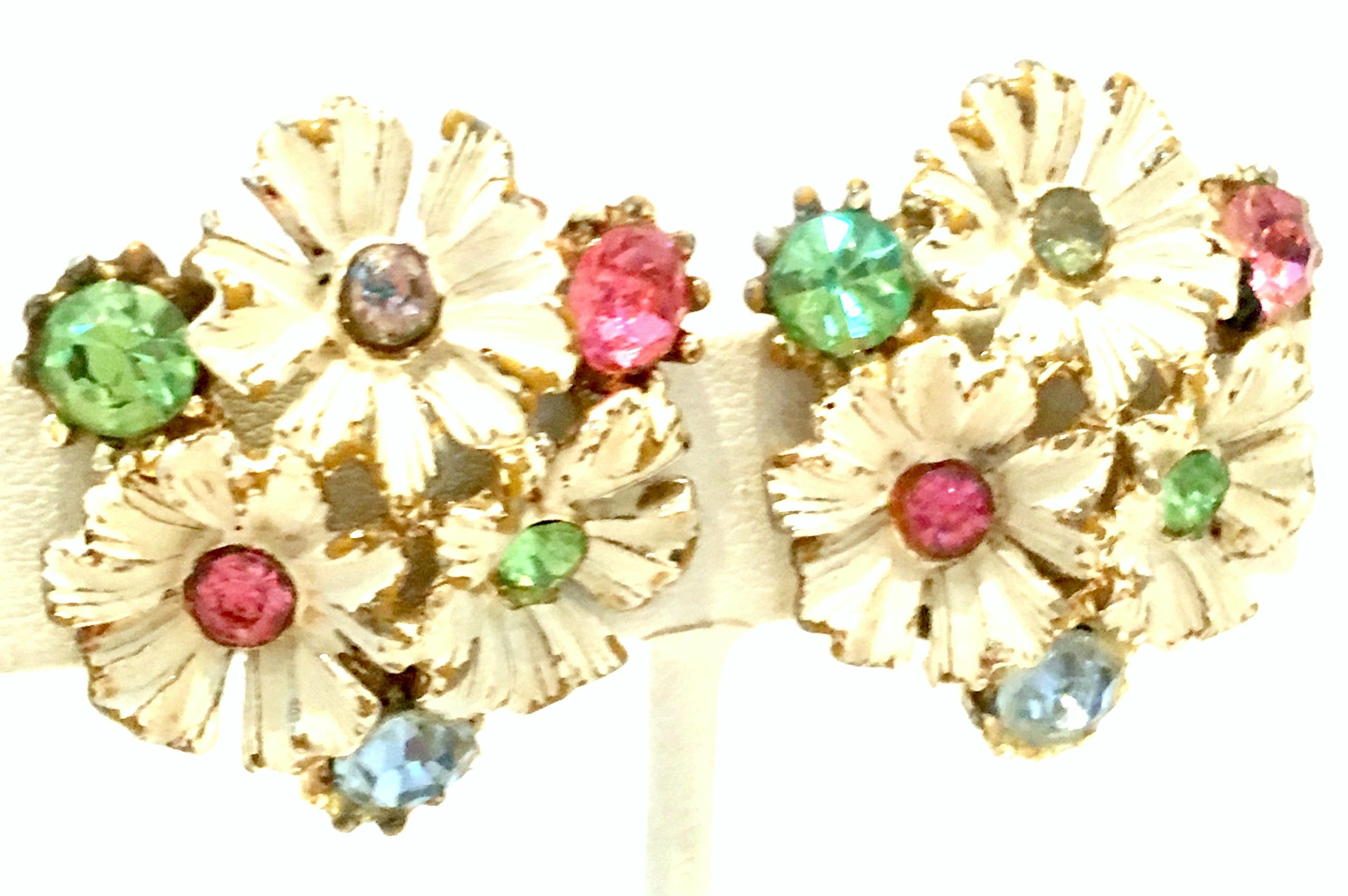 20th Century Trifari Style Gold, Enamel, Crystal Flower Necklace & Earrings S/3 6