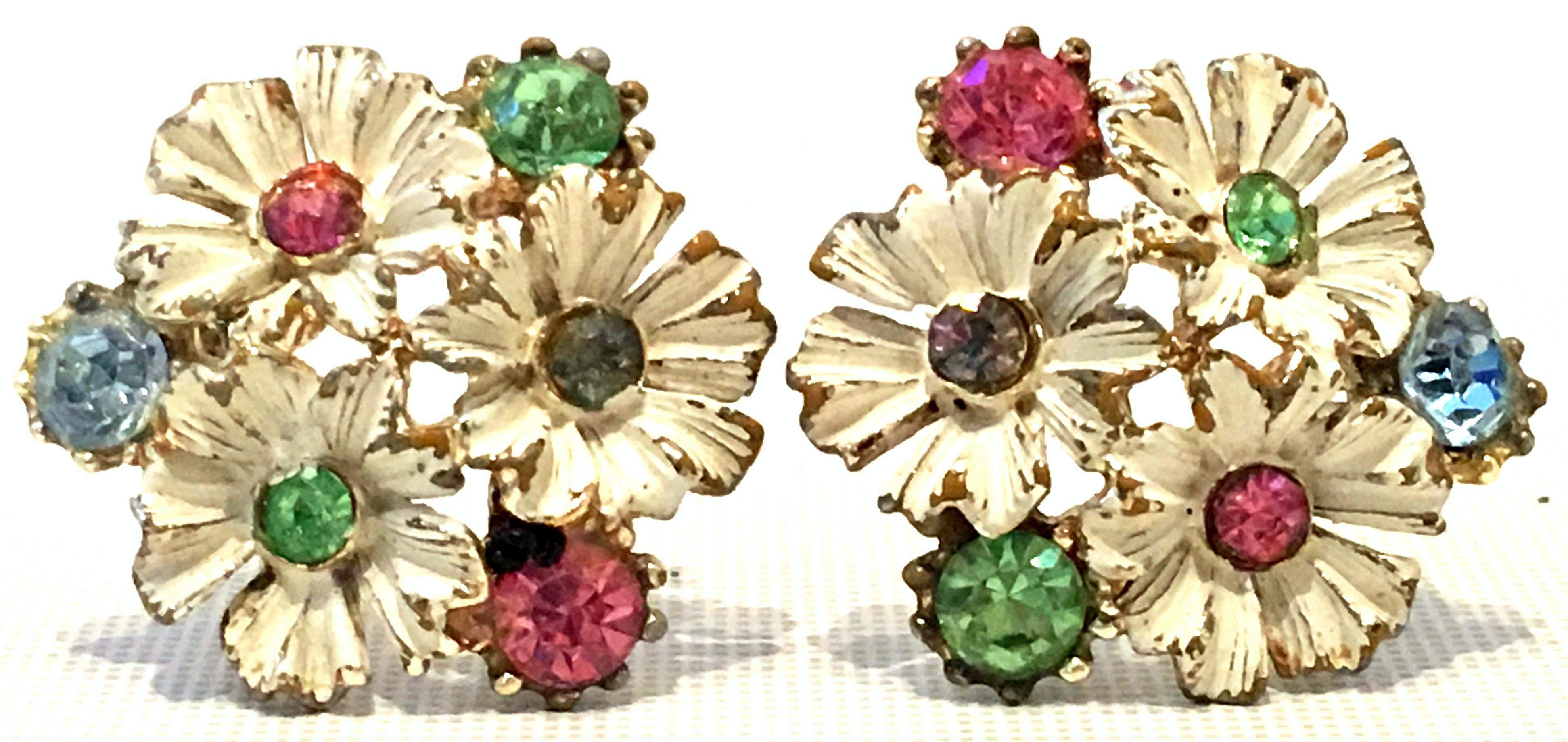 20th Century Trifari Style Gold, Enamel, Crystal Flower Necklace & Earrings S/3 7