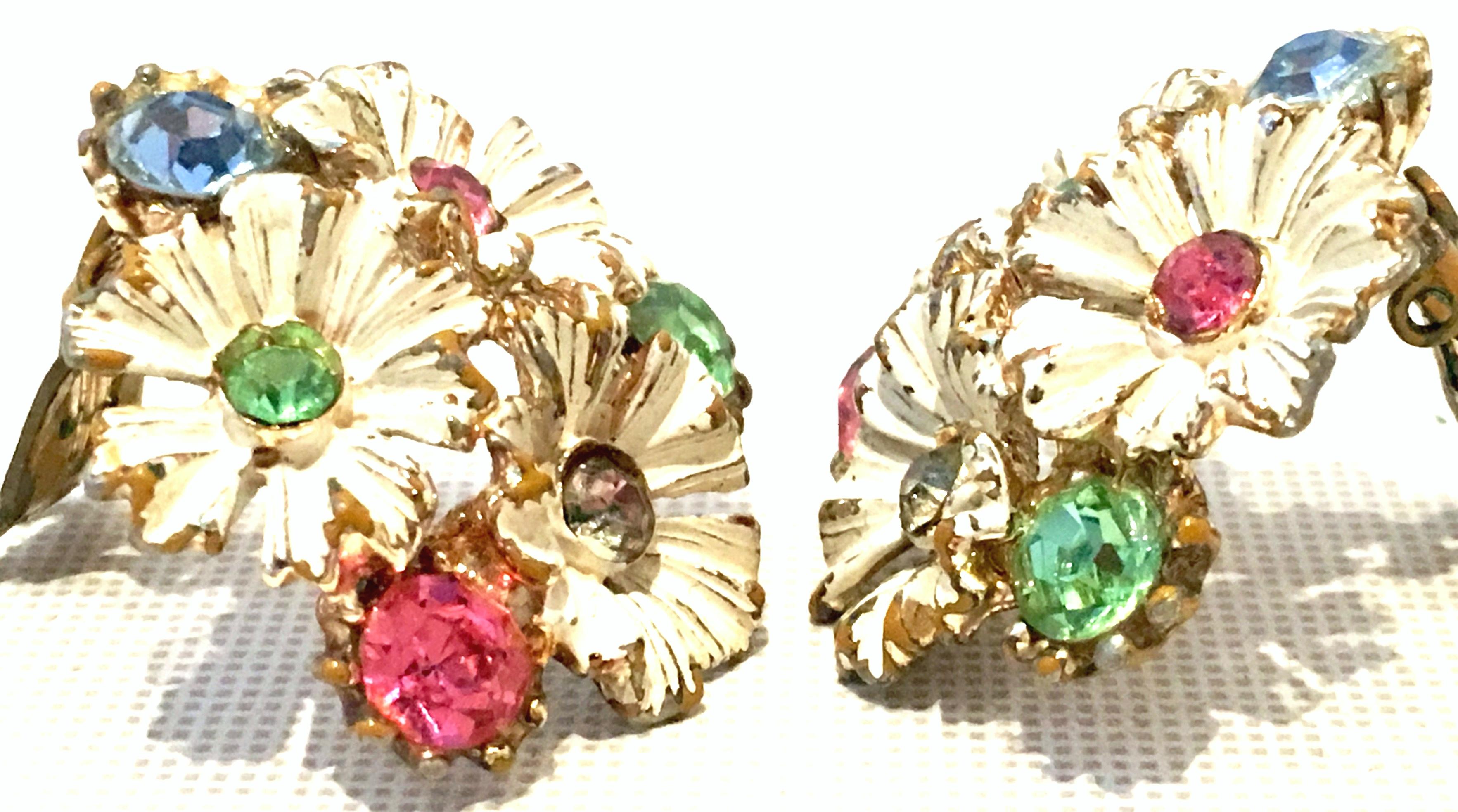 20th Century Trifari Style Gold, Enamel, Crystal Flower Necklace & Earrings S/3 8