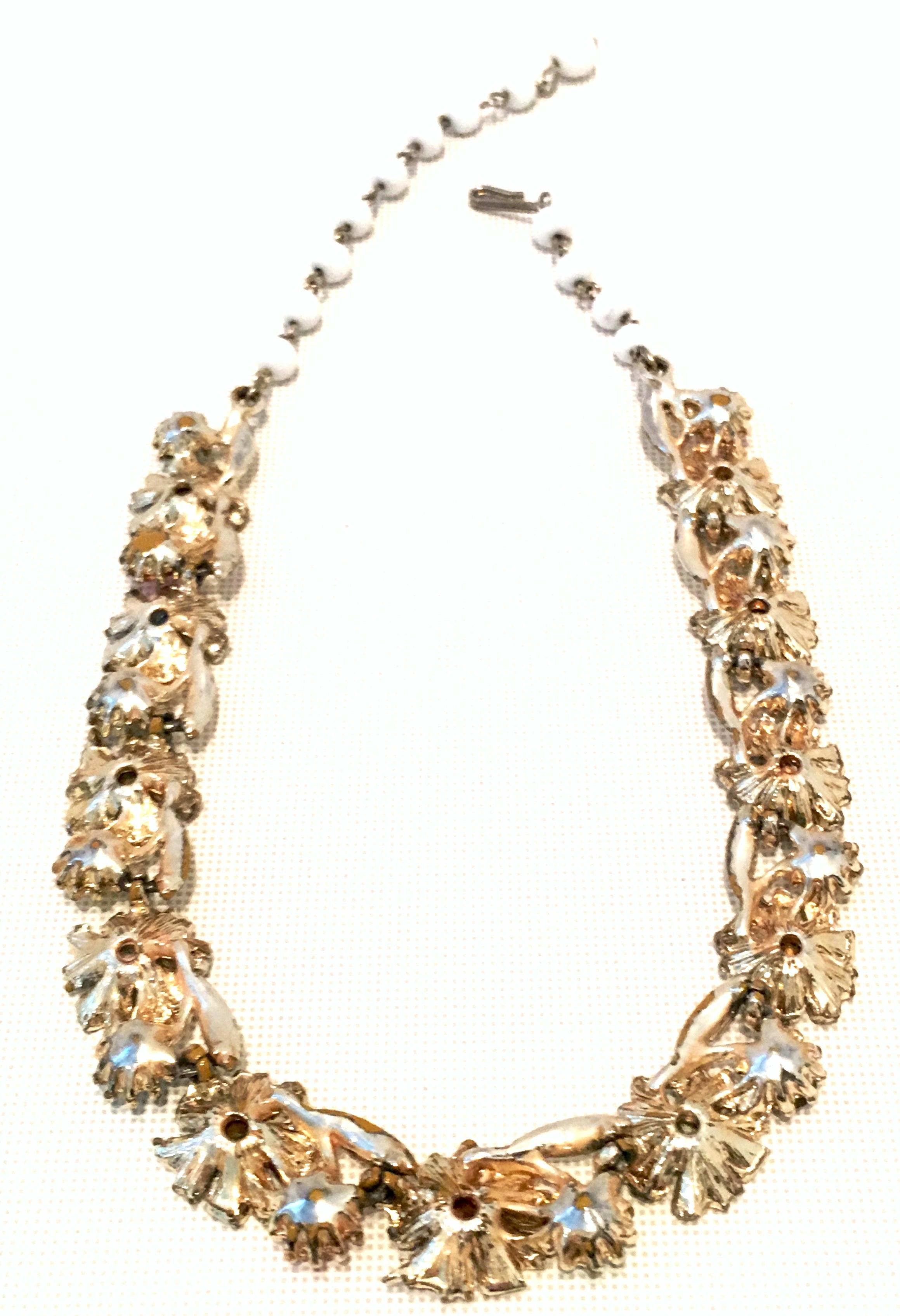 20th Century Trifari Style Gold, Enamel, Crystal Flower Necklace & Earrings S/3 10