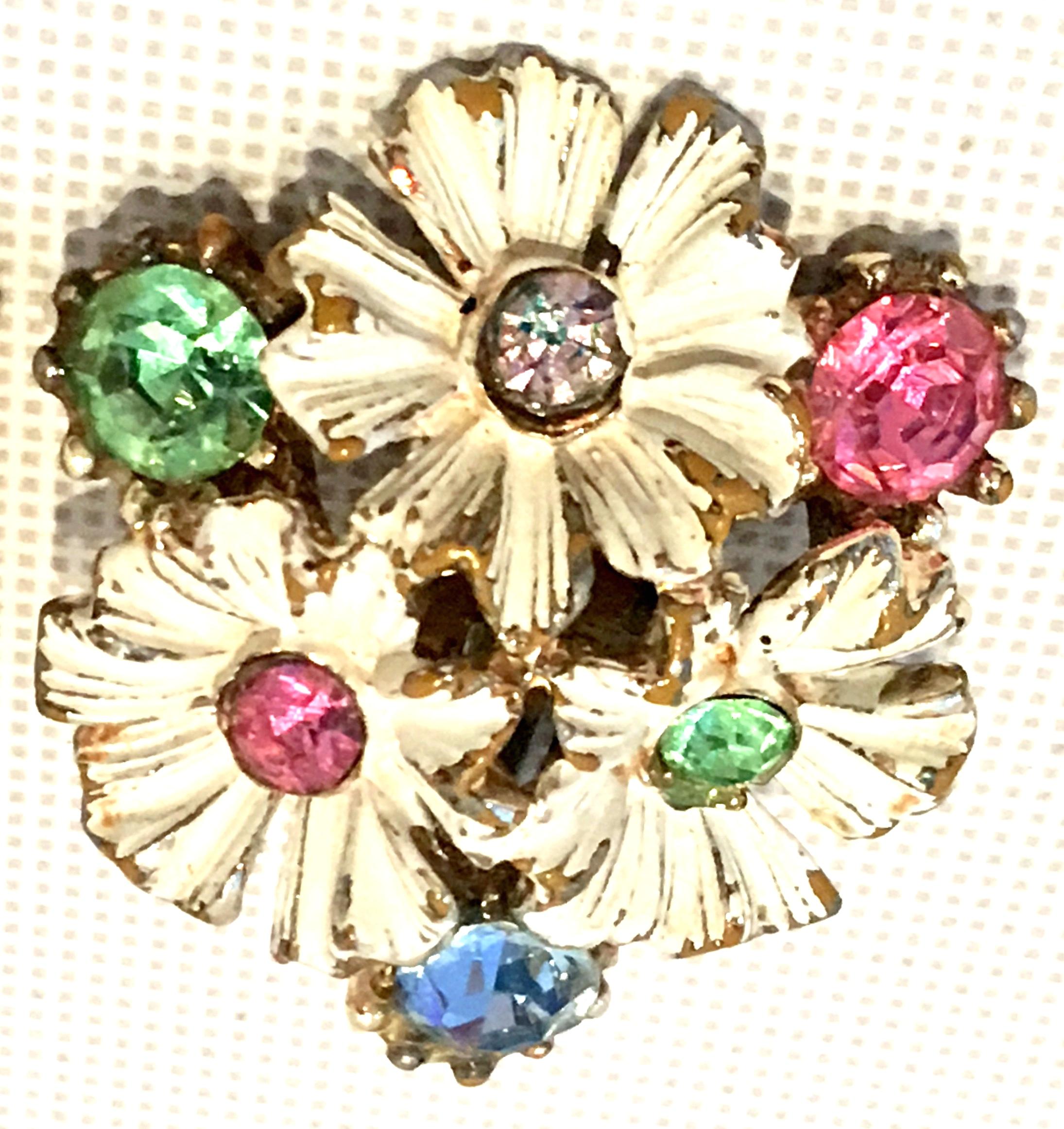 20th Century Trifari Style Gold, Enamel, Crystal Flower Necklace & Earrings S/3 9