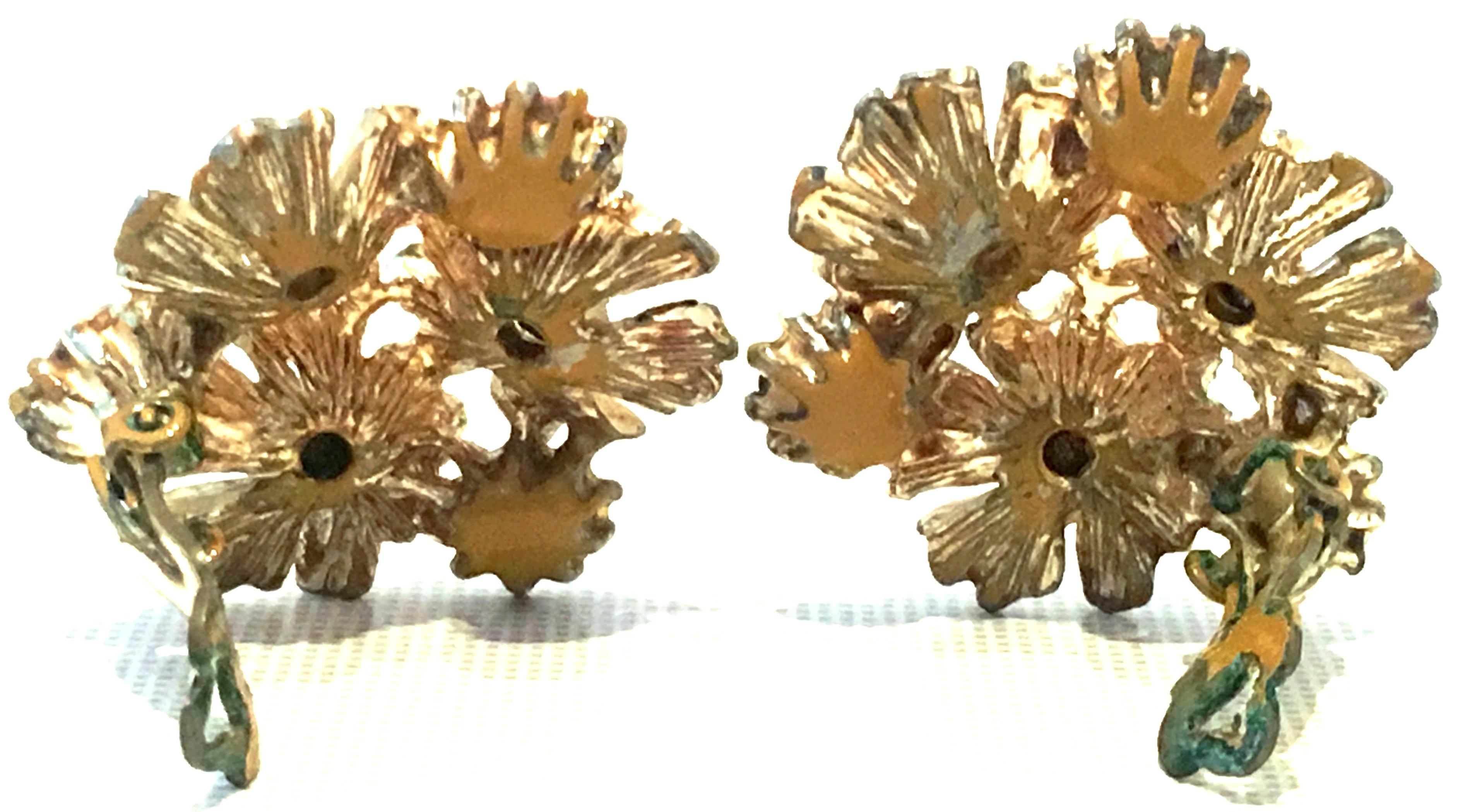 20th Century Trifari Style Gold, Enamel, Crystal Flower Necklace & Earrings S/3 11