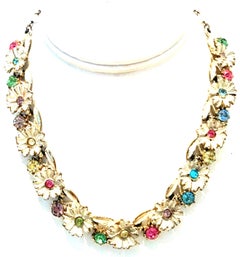 20th Century Trifari Style Gold, Enamel, Crystal Flower Necklace & Earrings S/3