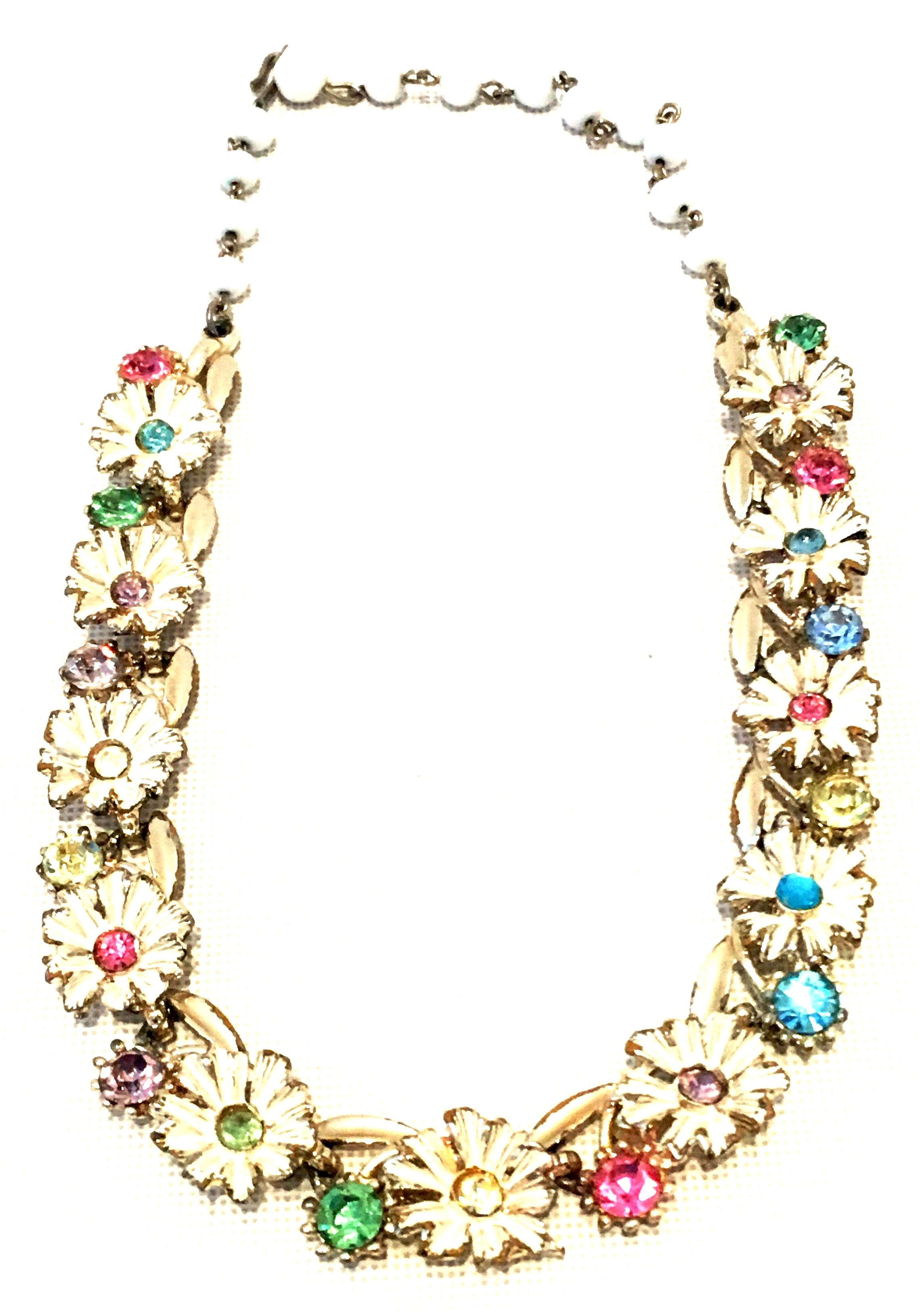 20th Century Trifari Style Gold, Enamel, Crystal Flower Necklace & Earrings S/3 In Good Condition In West Palm Beach, FL