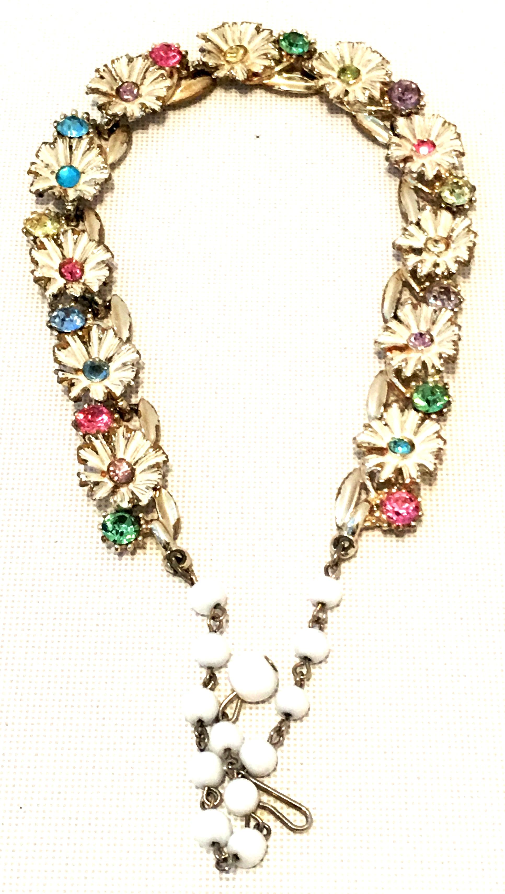 Women's or Men's 20th Century Trifari Style Gold, Enamel, Crystal Flower Necklace & Earrings S/3
