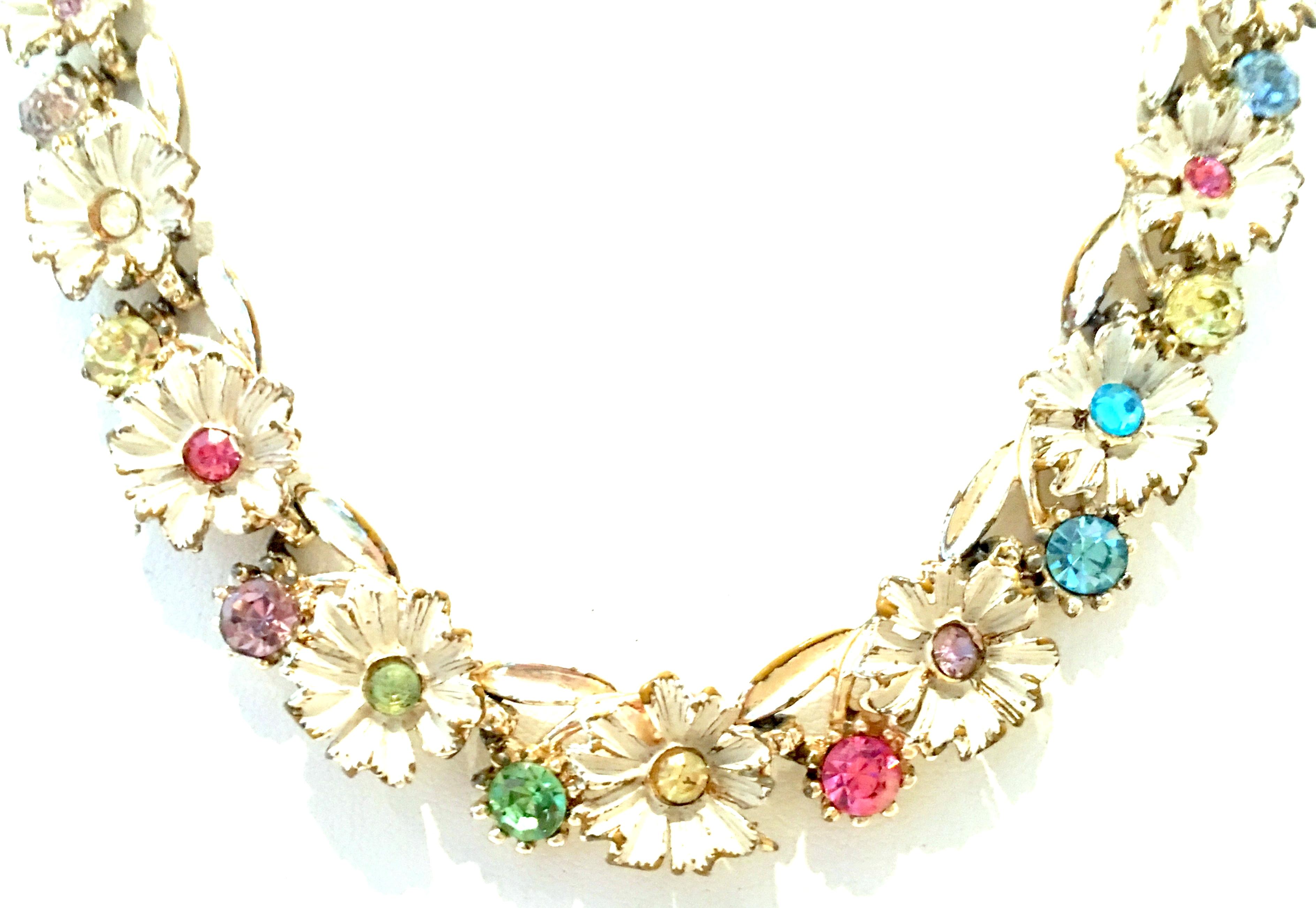 20th Century Trifari Style Gold, Enamel, Crystal Flower Necklace & Earrings S/3 1