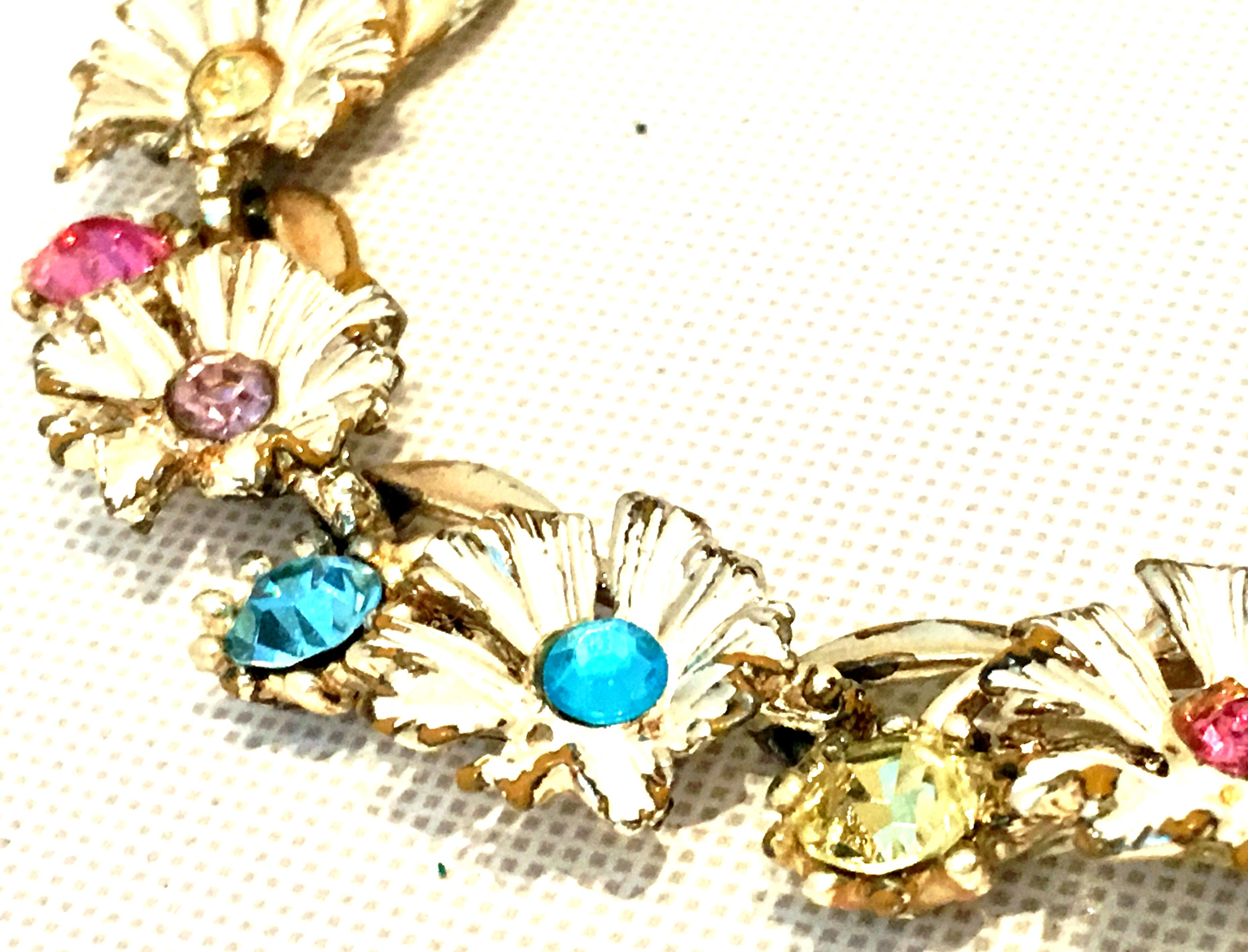 20th Century Trifari Style Gold, Enamel, Crystal Flower Necklace & Earrings S/3 2