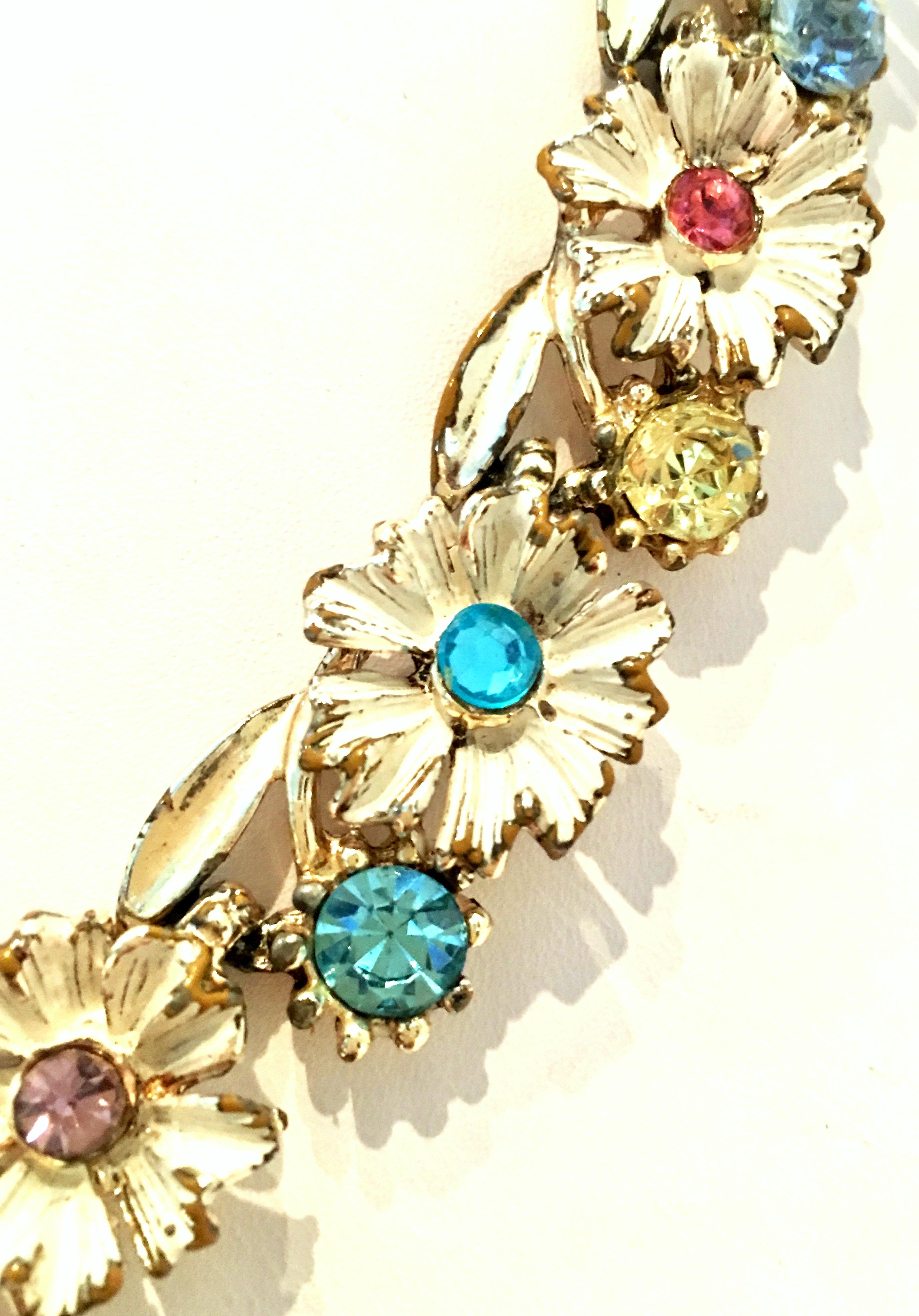 20th Century Trifari Style Gold, Enamel, Crystal Flower Necklace & Earrings S/3 3