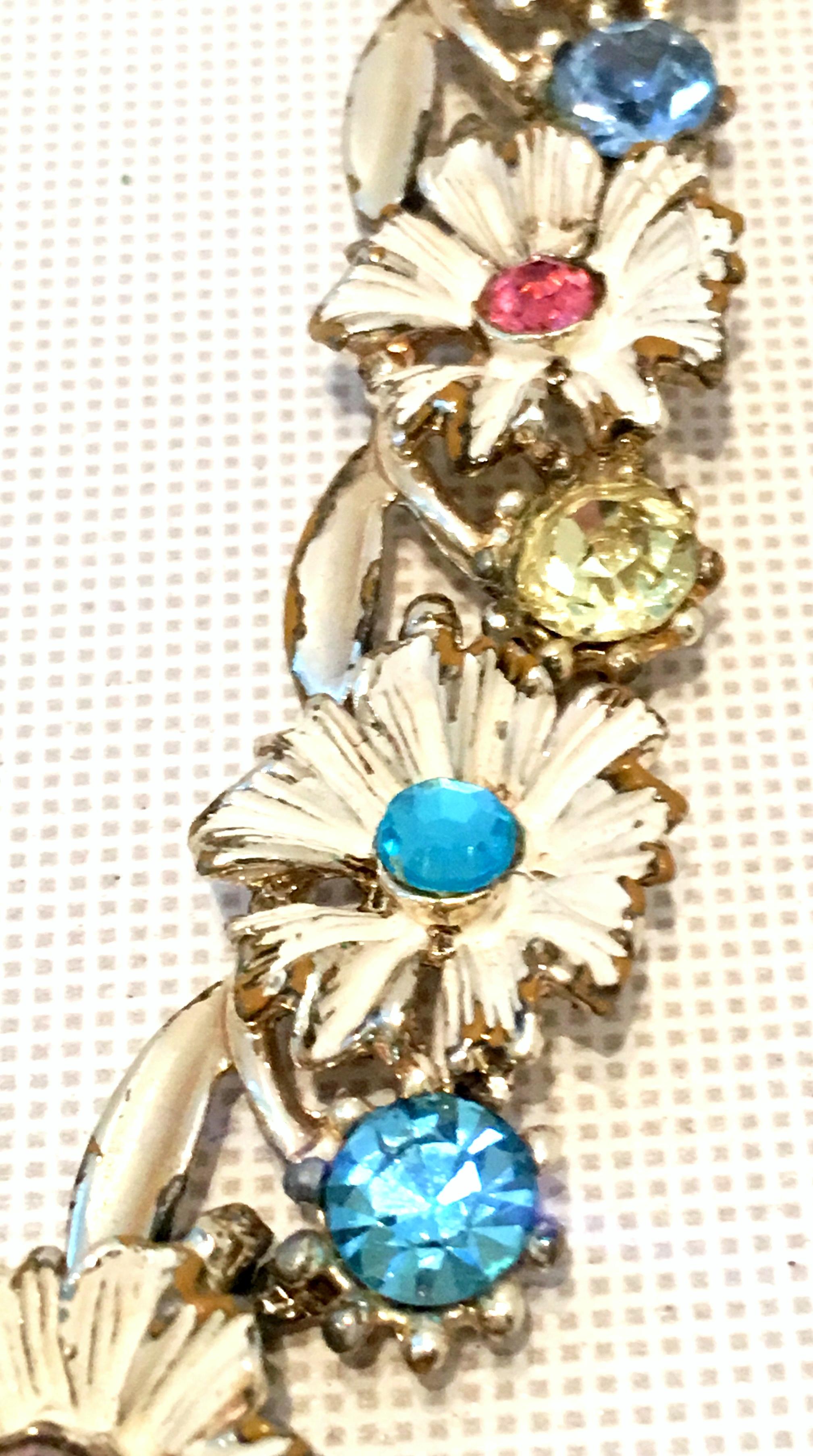 20th Century Trifari Style Gold, Enamel, Crystal Flower Necklace & Earrings S/3 4