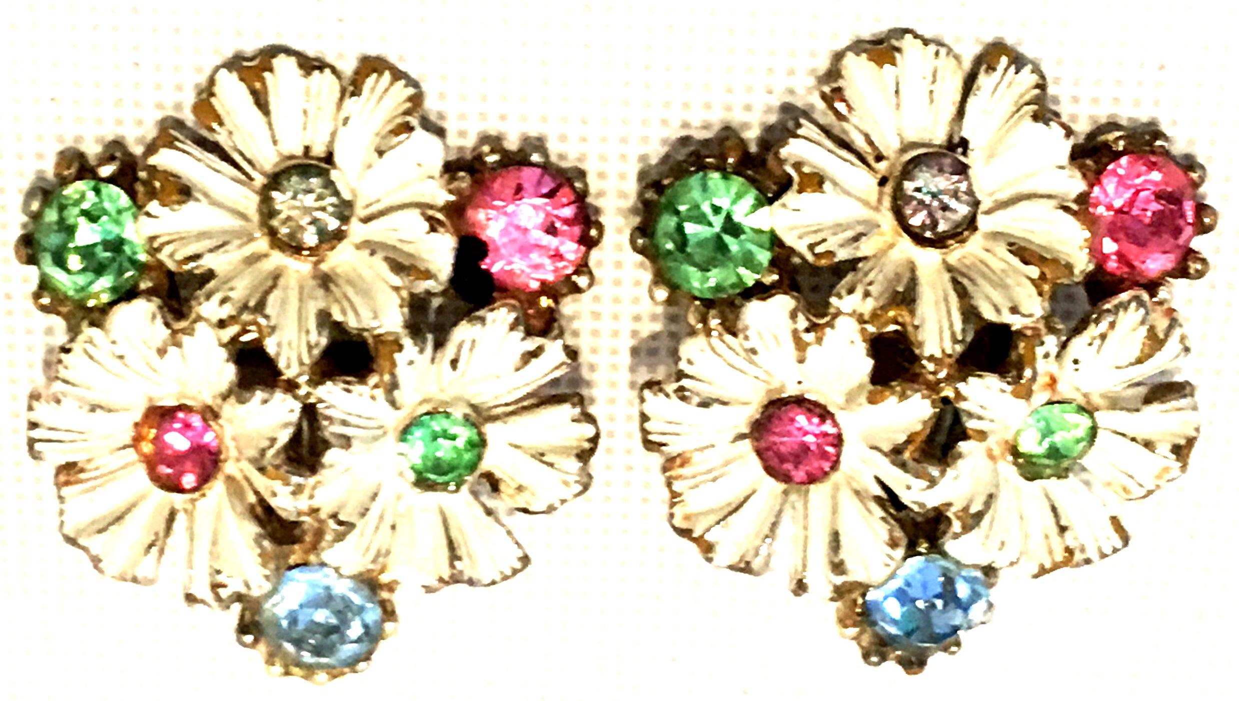20th Century Trifari Style Gold, Enamel, Crystal Flower Necklace & Earrings S/3 5