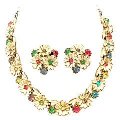 Retro 20th Century Trifari Style Gold, Enamel, Crystal Flower Necklace & Earrings S/3