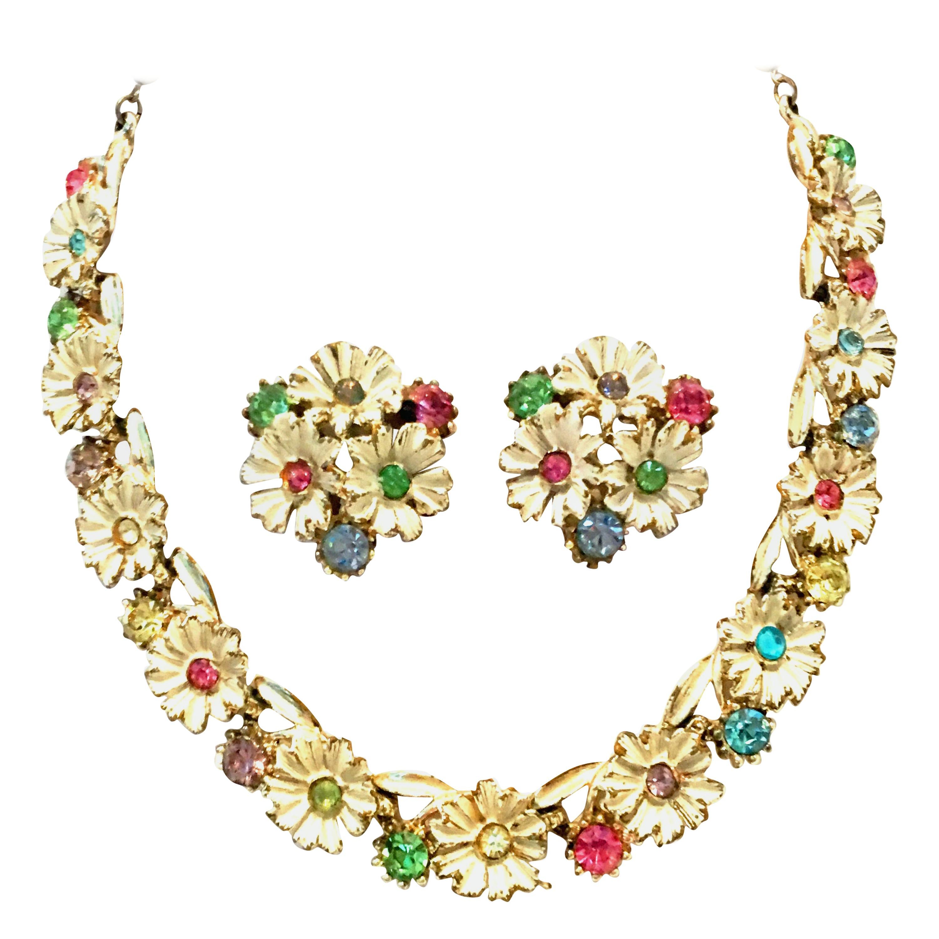 20th Century Trifari Style Gold, Enamel, Crystal Flower Necklace & Earrings S/3