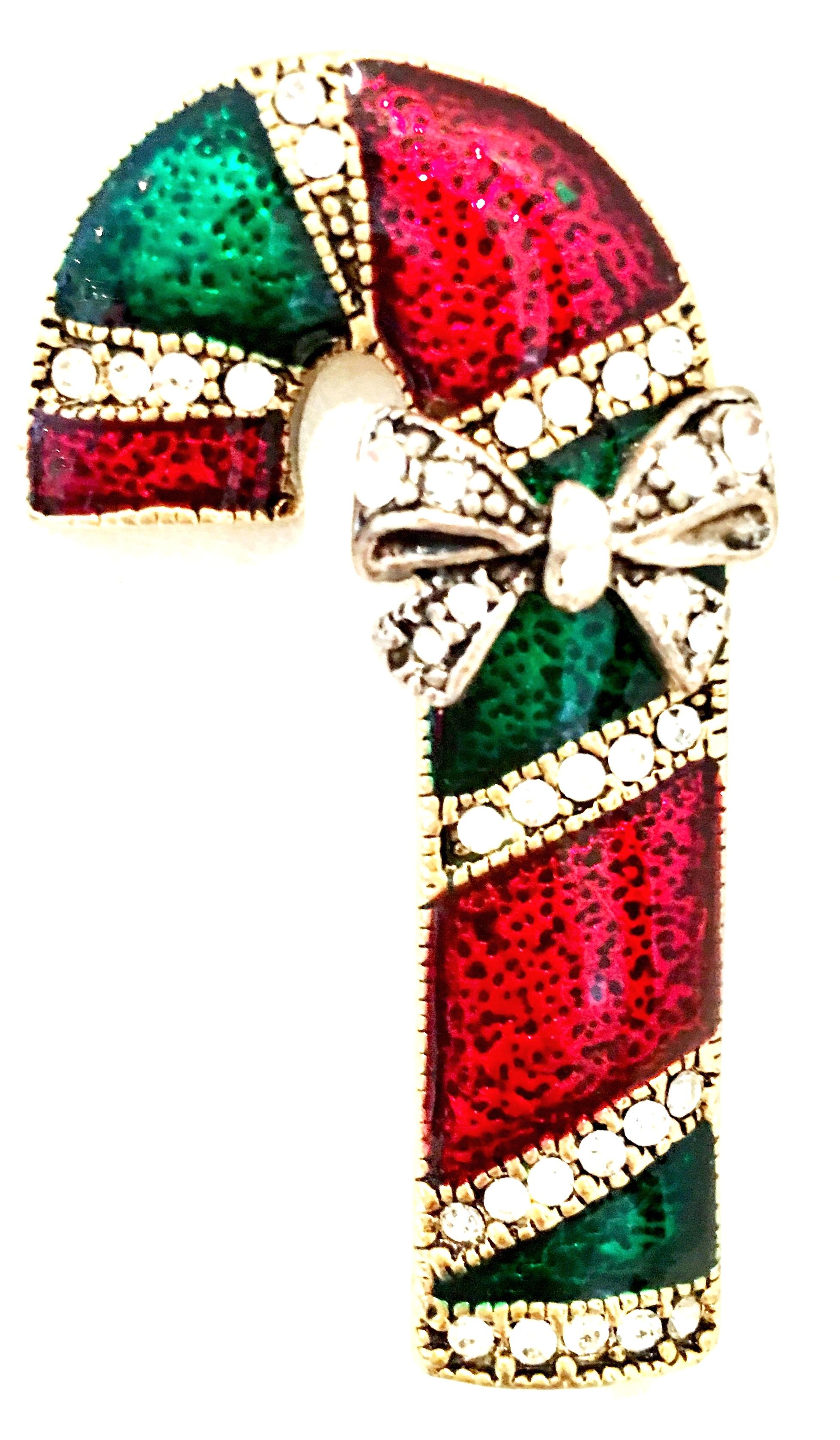 20th Century Trio Of Gold Plate, Enamel & Austrian Crystal Christmas Theme Brooches. This set of three brooches all feature Crystal Clear Austrian crystal rhinestones. The Santa brooch features cased enamel gold metallic sparkle and is signed on the