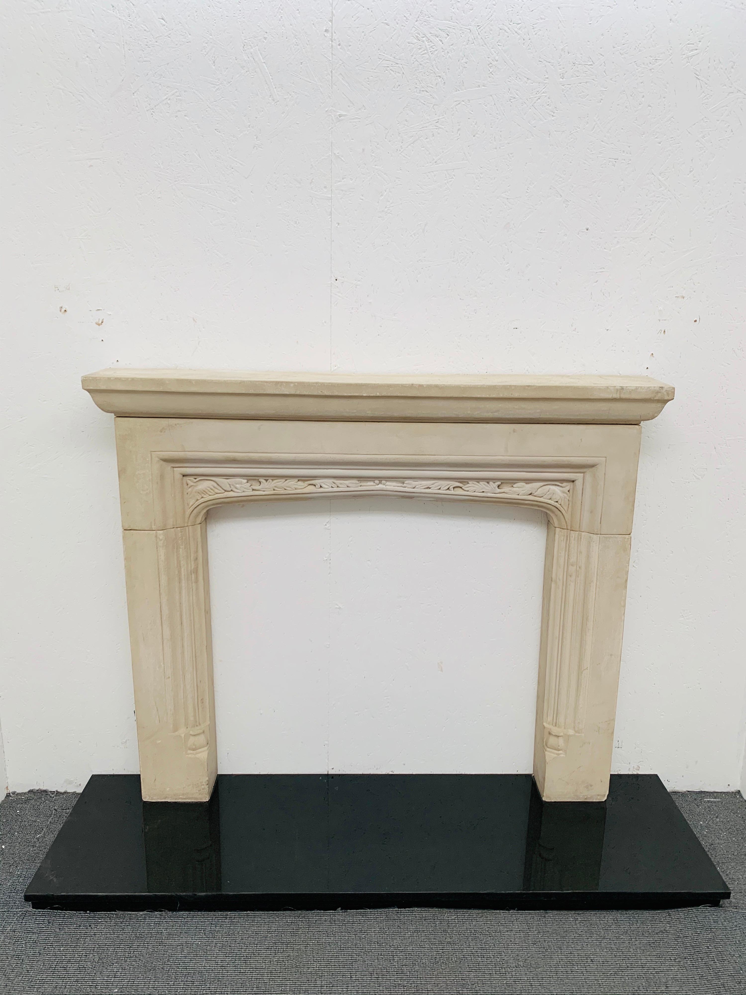 A Tudor style French hand carved limestone fireplace mantelpiece.
A gothic influence with typical foliage around the frieze.
This is made from solid French limestone in 4 pieces, 2 jambs, 1 frieze and 1 shelf.
Good condition with couple of faint