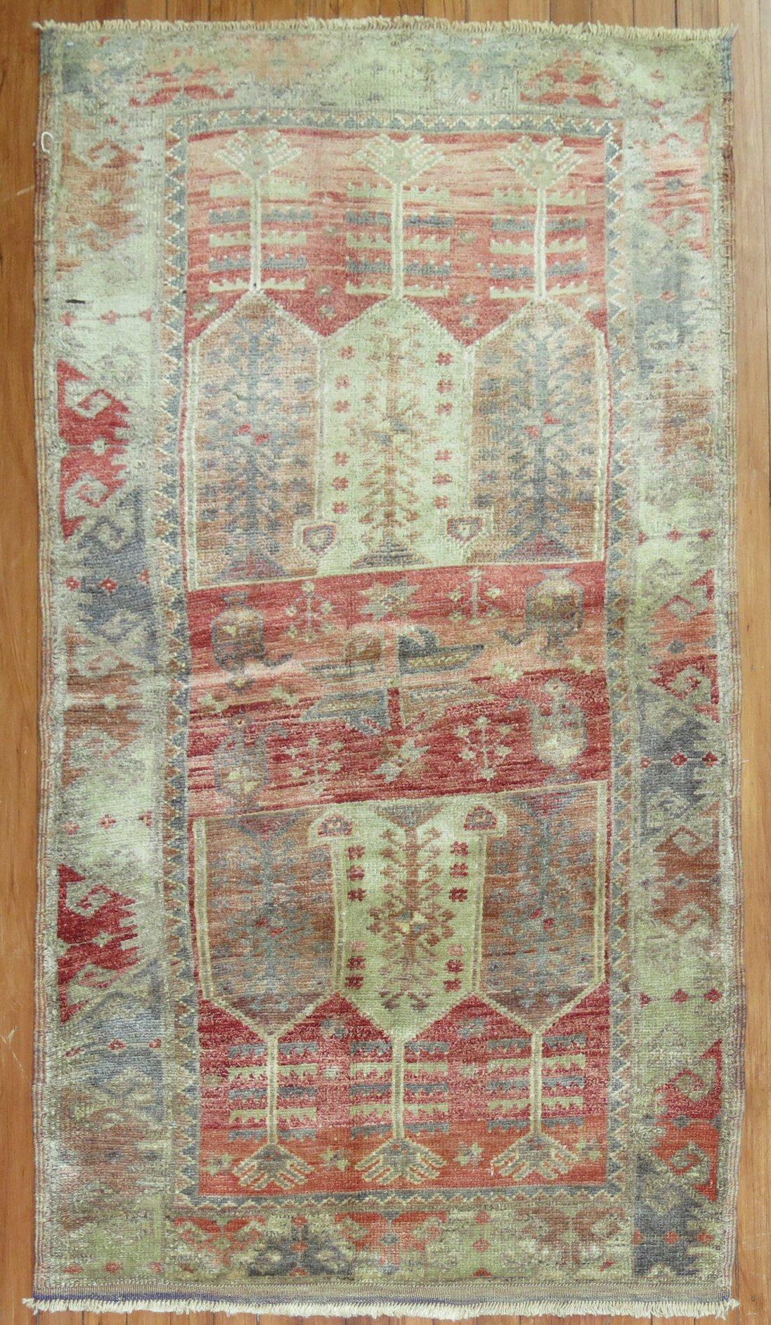 Hand-Knotted 20th Century Turkish Anatolian Throw Scatter Soft Red Green Tribal Rug