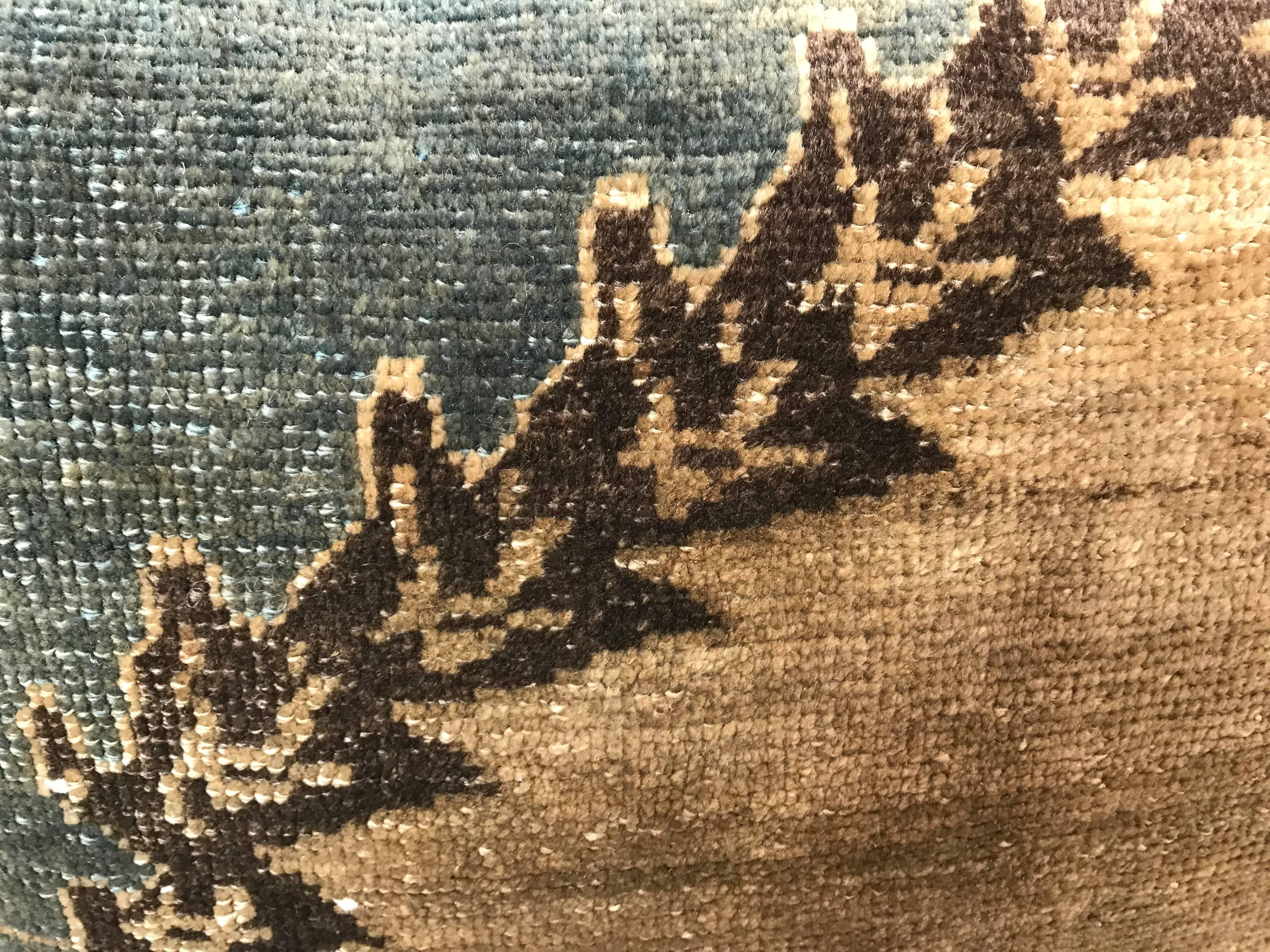 20th Century Turkish Green and Khaki Rug Fragment Pillow In Excellent Condition For Sale In Boston, MA