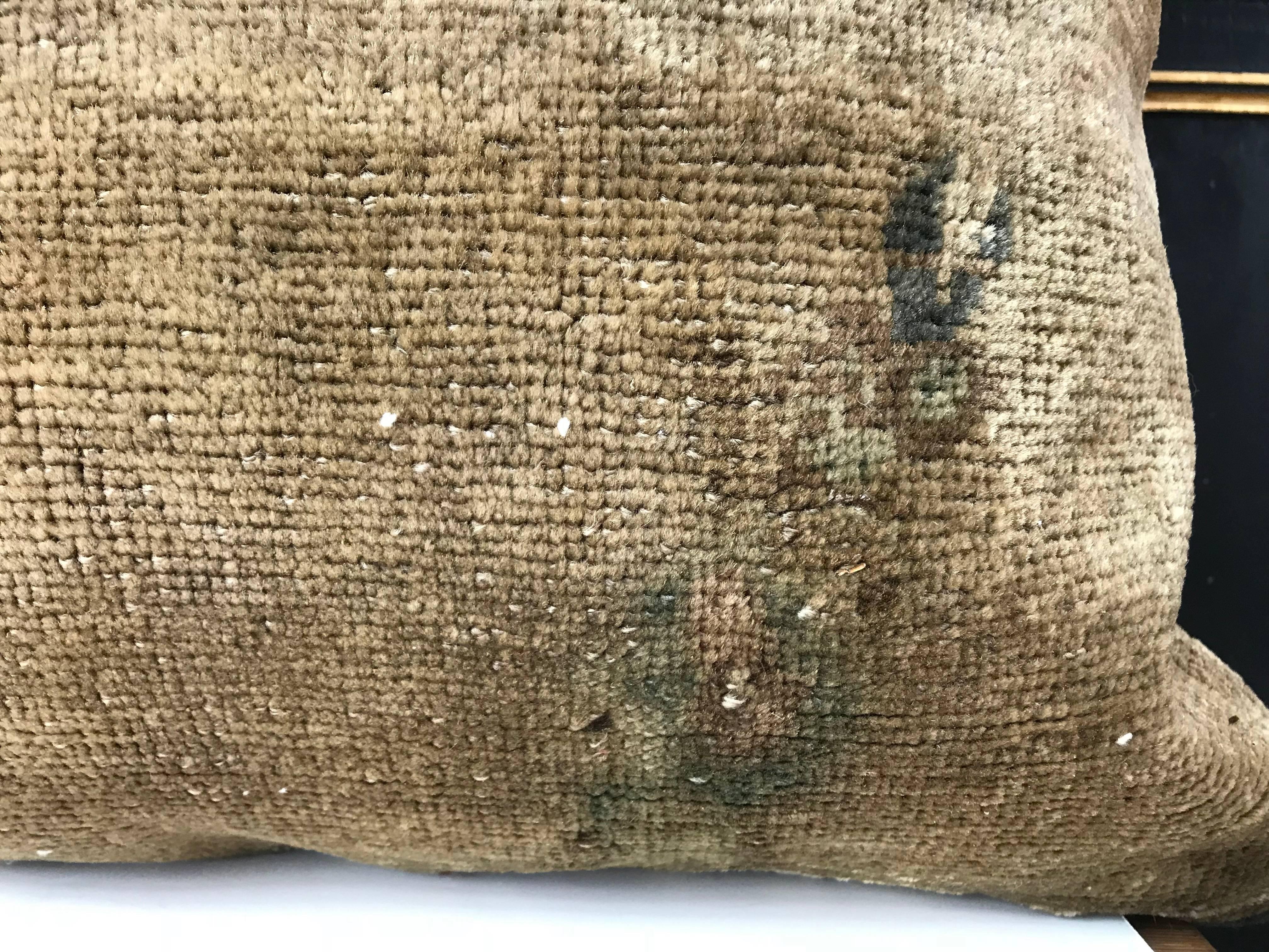 20th Century Turkish Green and Khaki Rug Fragment Pillow For Sale 1