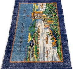 20th Century Turkish Handmade Pictorial Wool Rug with Blue Color Field
