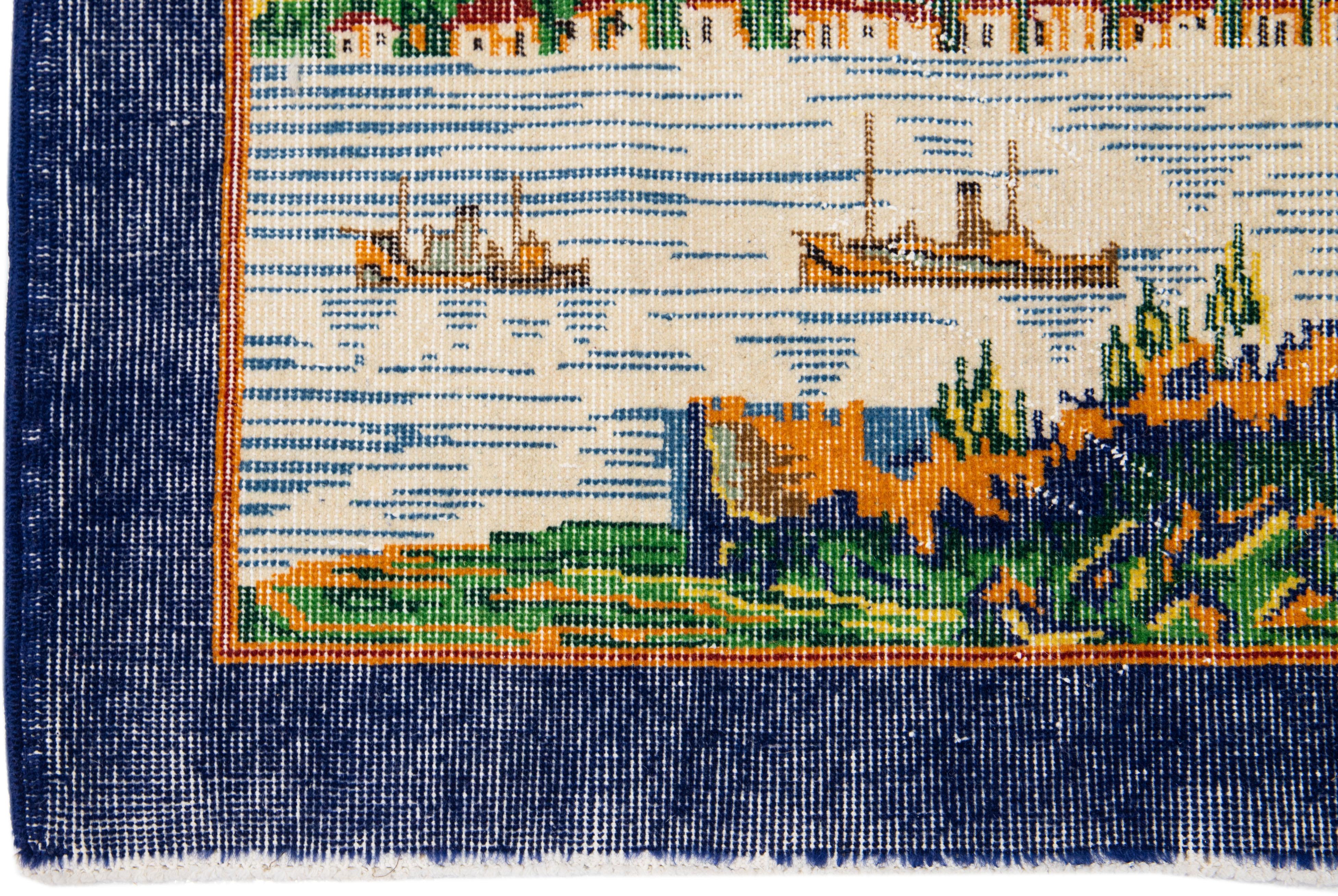 Islamic 20th Century Turkish Handmade Pictorial Wool Rug with Blue Color Field For Sale