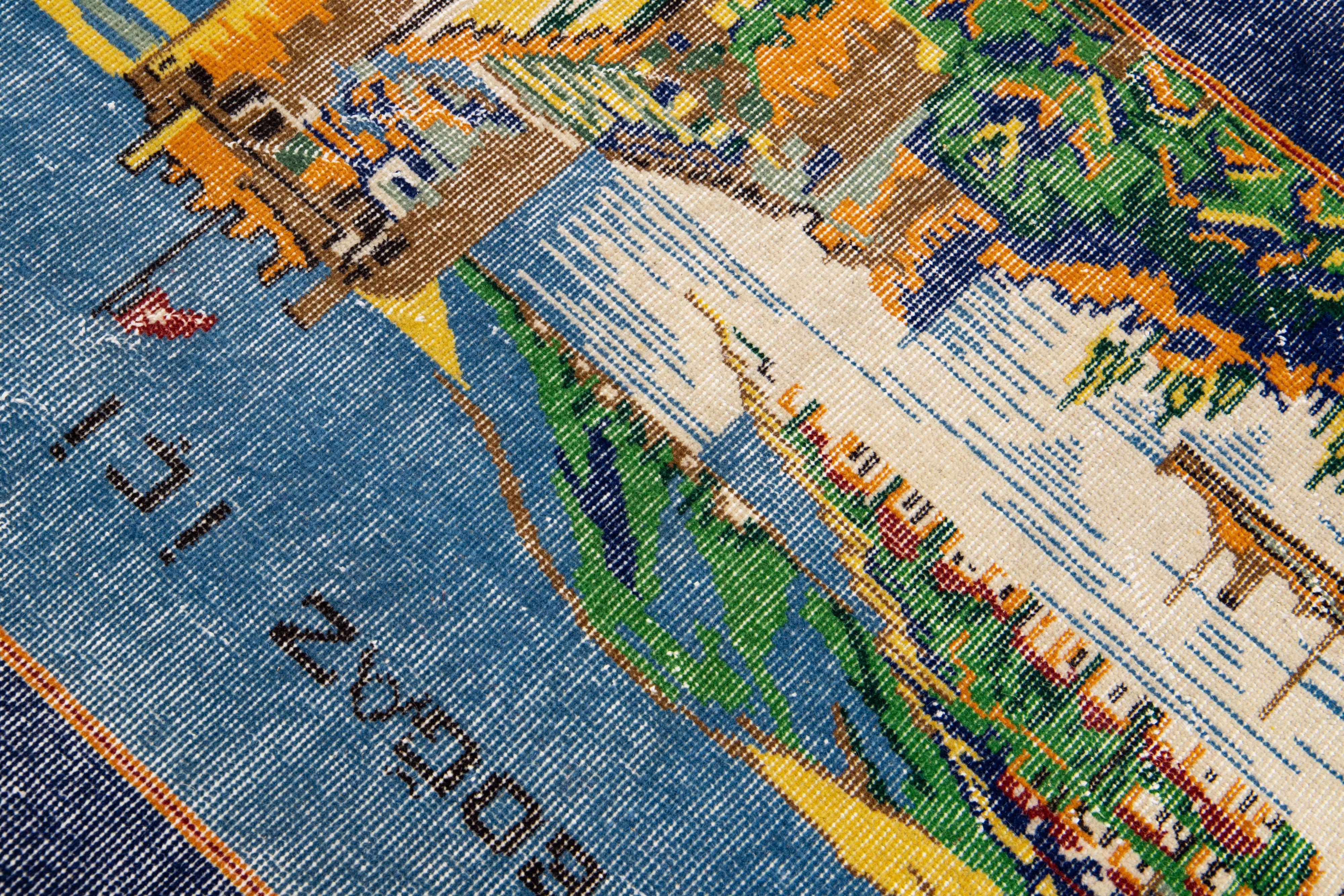 20th Century Turkish Handmade Pictorial Wool Rug with Blue Color Field In Good Condition For Sale In Norwalk, CT