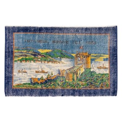 Antique 20th Century Turkish Handmade Pictorial Wool Rug with Blue Color Field