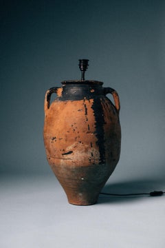 20th-Century Turkish Terracotta Olive Oil Pot Table Lamp with Soot Glaze