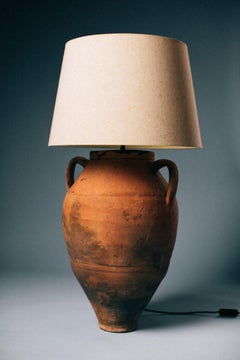20th-Century Turkish Terracotta Olive Oil Pot Table Lamp with Soot Glaze