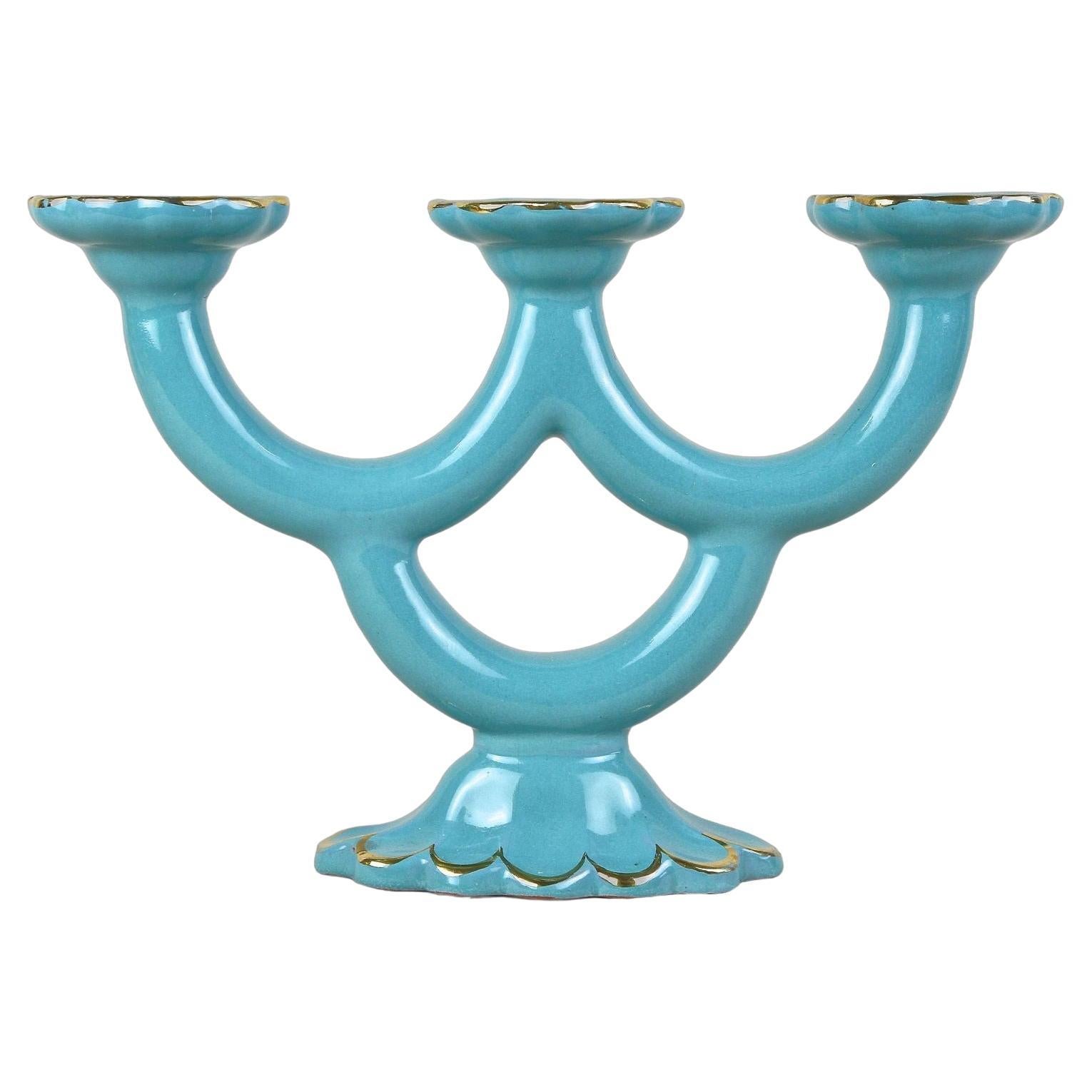 20th Century Turquoise Art Deco Ceramic Candleholder, Marked - AT ca. 1930 For Sale