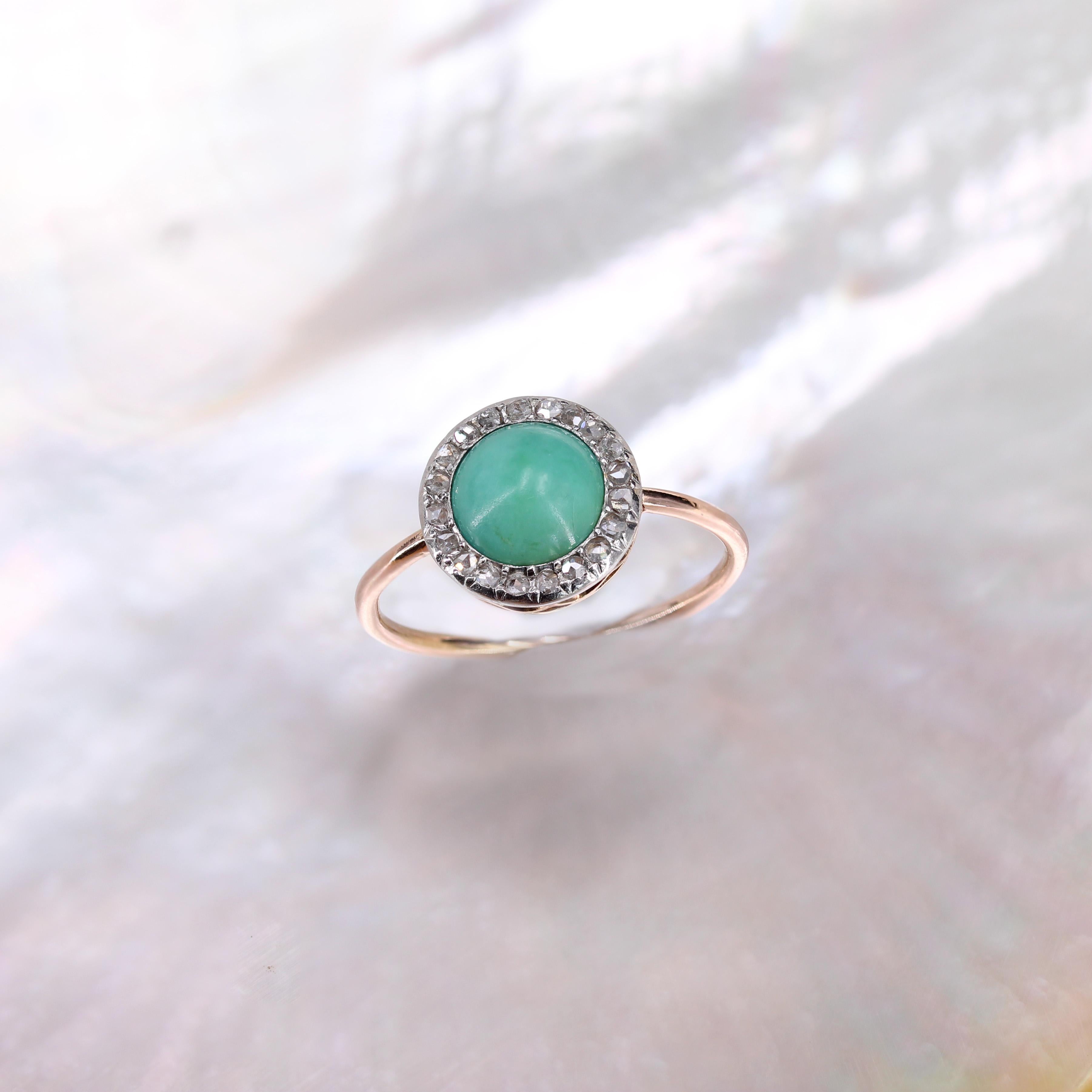 20th Century Turquoise Diamonds 18 Karat Rose Gold Round in Shape Ring For Sale 4