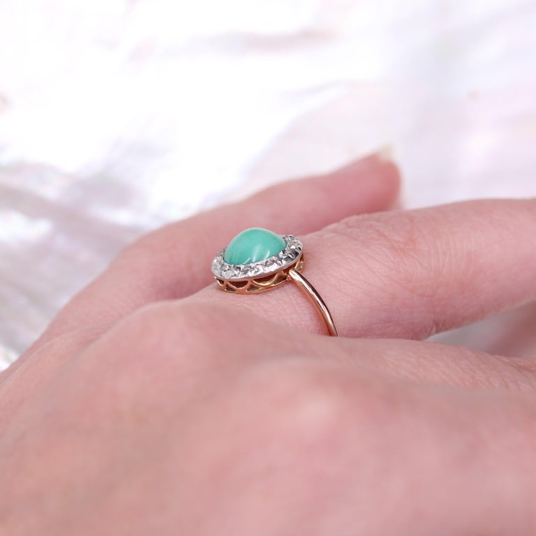 Bague Ancienne En Or Rose 18k Avec Diamants Et Turquoises - Taille 52 - Circa 1800
