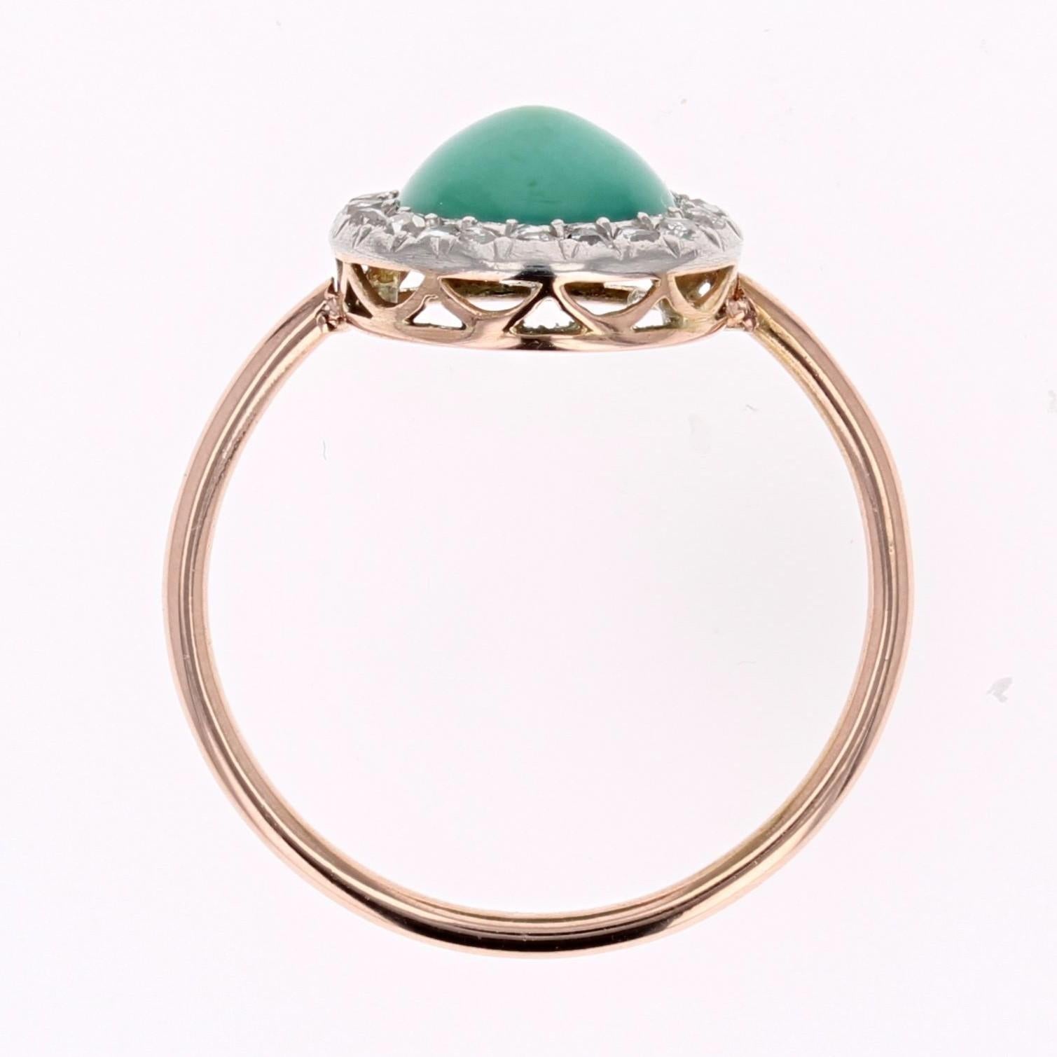 20th Century Turquoise Diamonds 18 Karat Rose Gold Round in Shape Ring For Sale 11