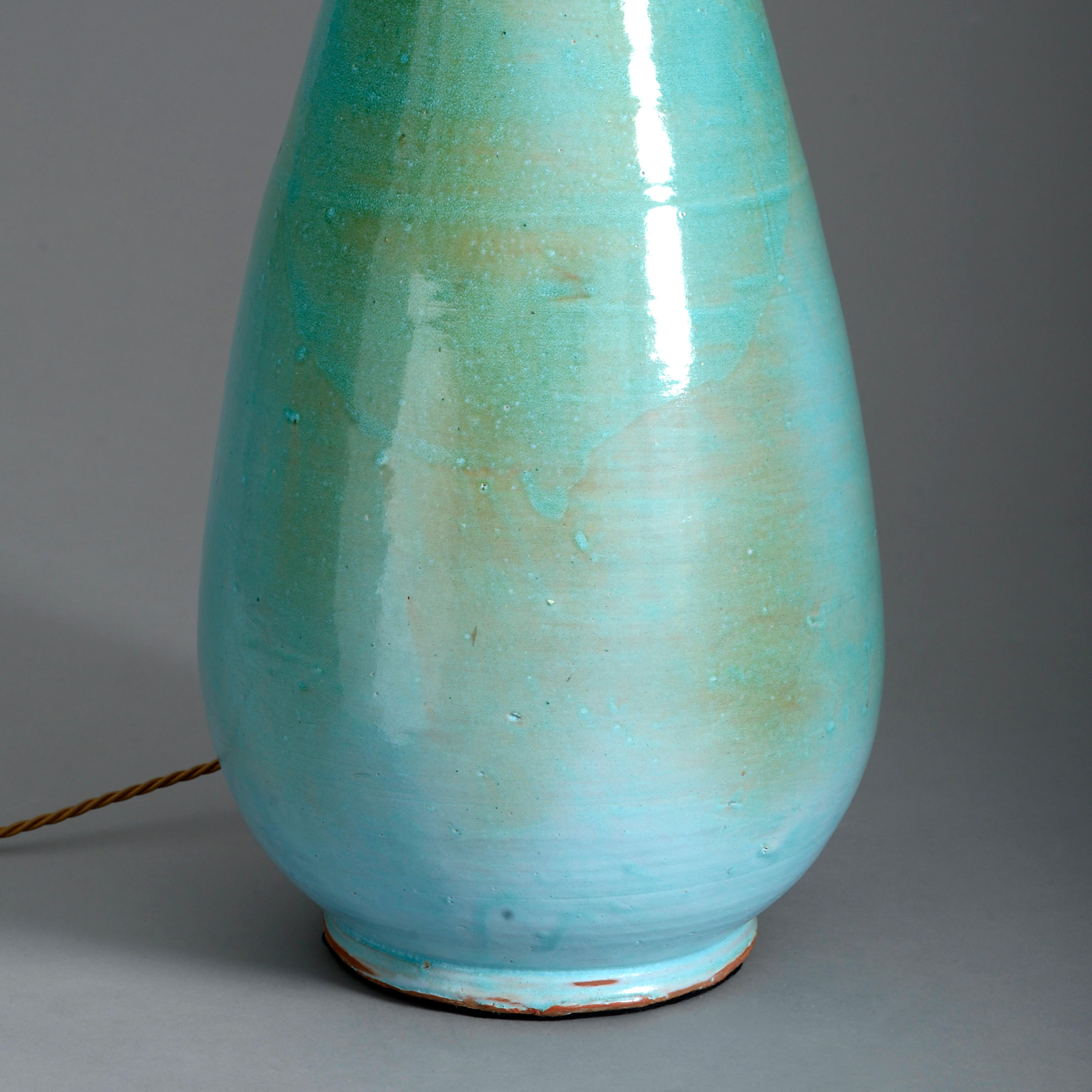 English 20th Century Turquoise Glazed Studio Pottery Vase Lamp