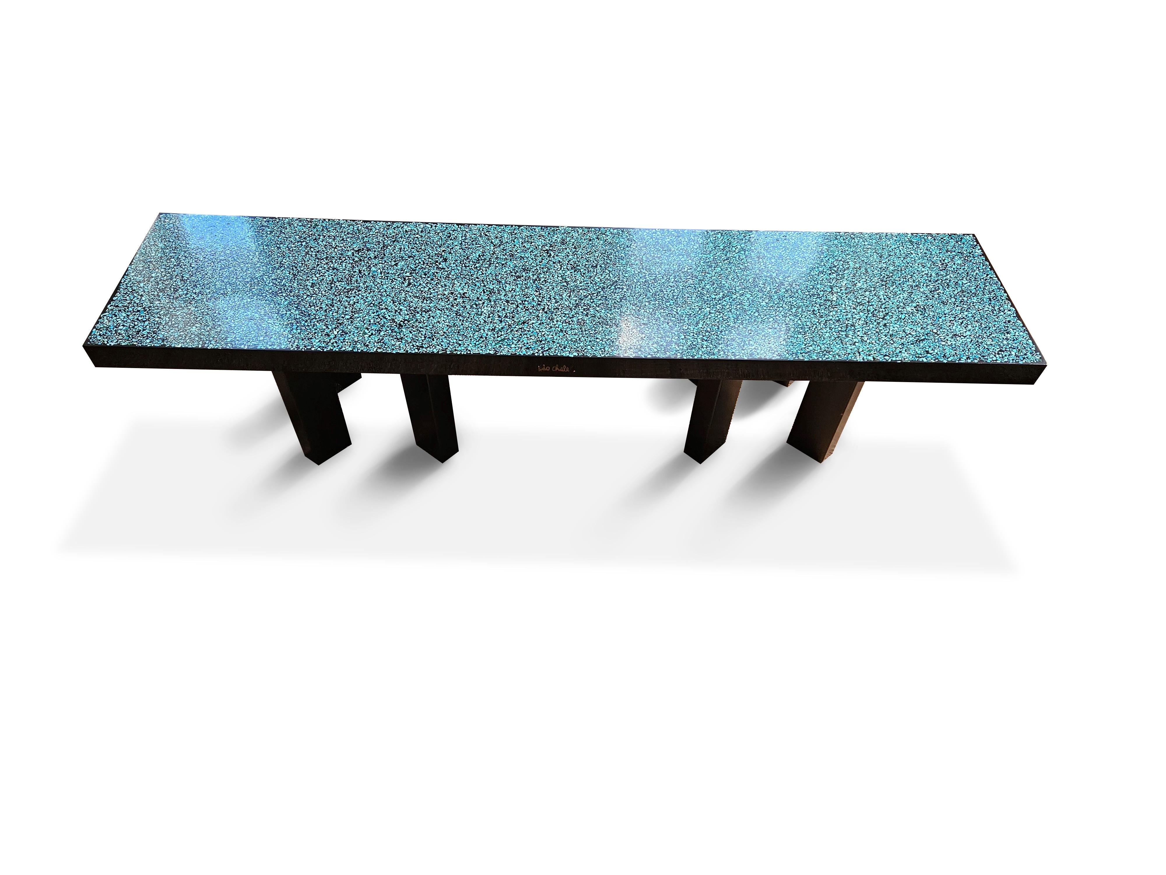 A turquoise mosaic coffee table designed and produced by Ado Chale, Brussels, Belgium, 1980s.
Wooden feets.