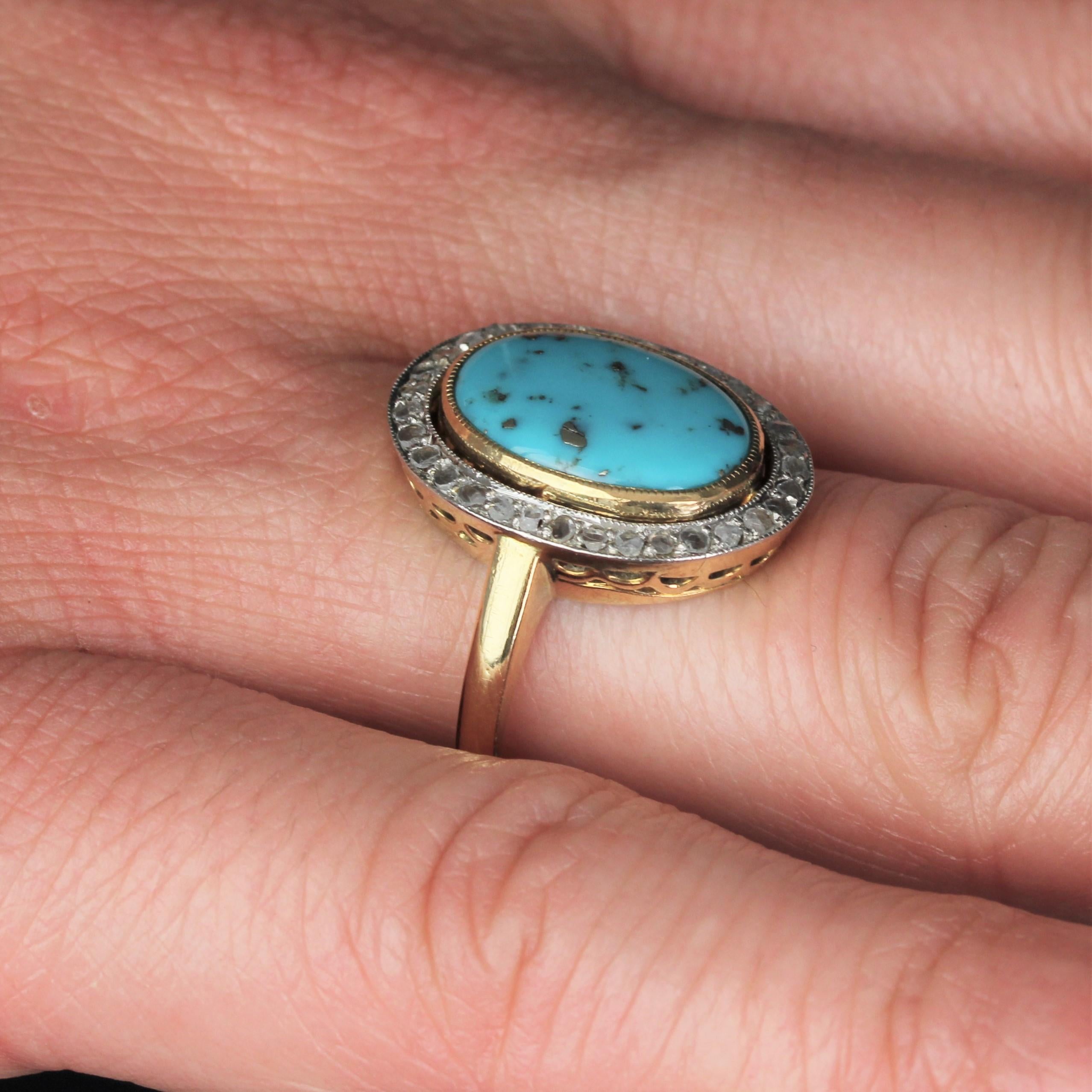 20th Century Turquoise with Pyrite Diamonds 18 Karat Gold Platinum Oval Ring For Sale 2