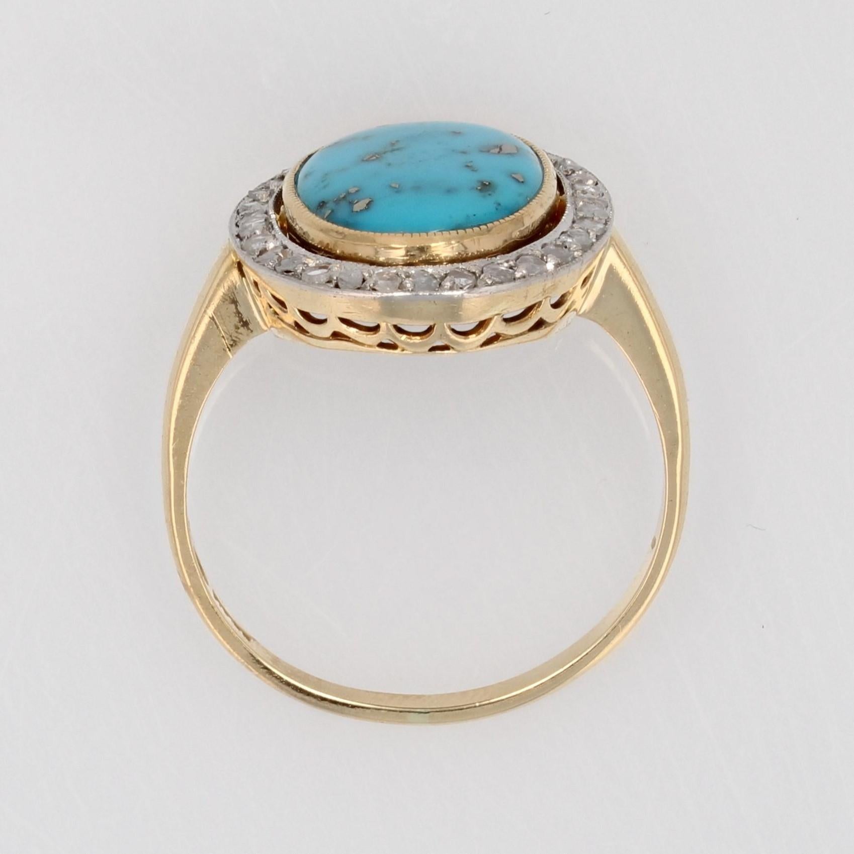 20th Century Turquoise with Pyrite Diamonds 18 Karat Gold Platinum Oval Ring For Sale 3