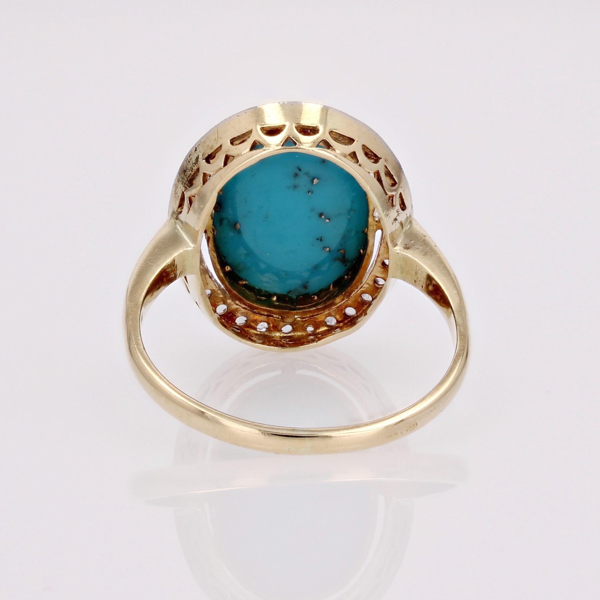 20th Century Turquoise with Pyrite Diamonds 18 Karat Gold Platinum Oval Ring For Sale 4