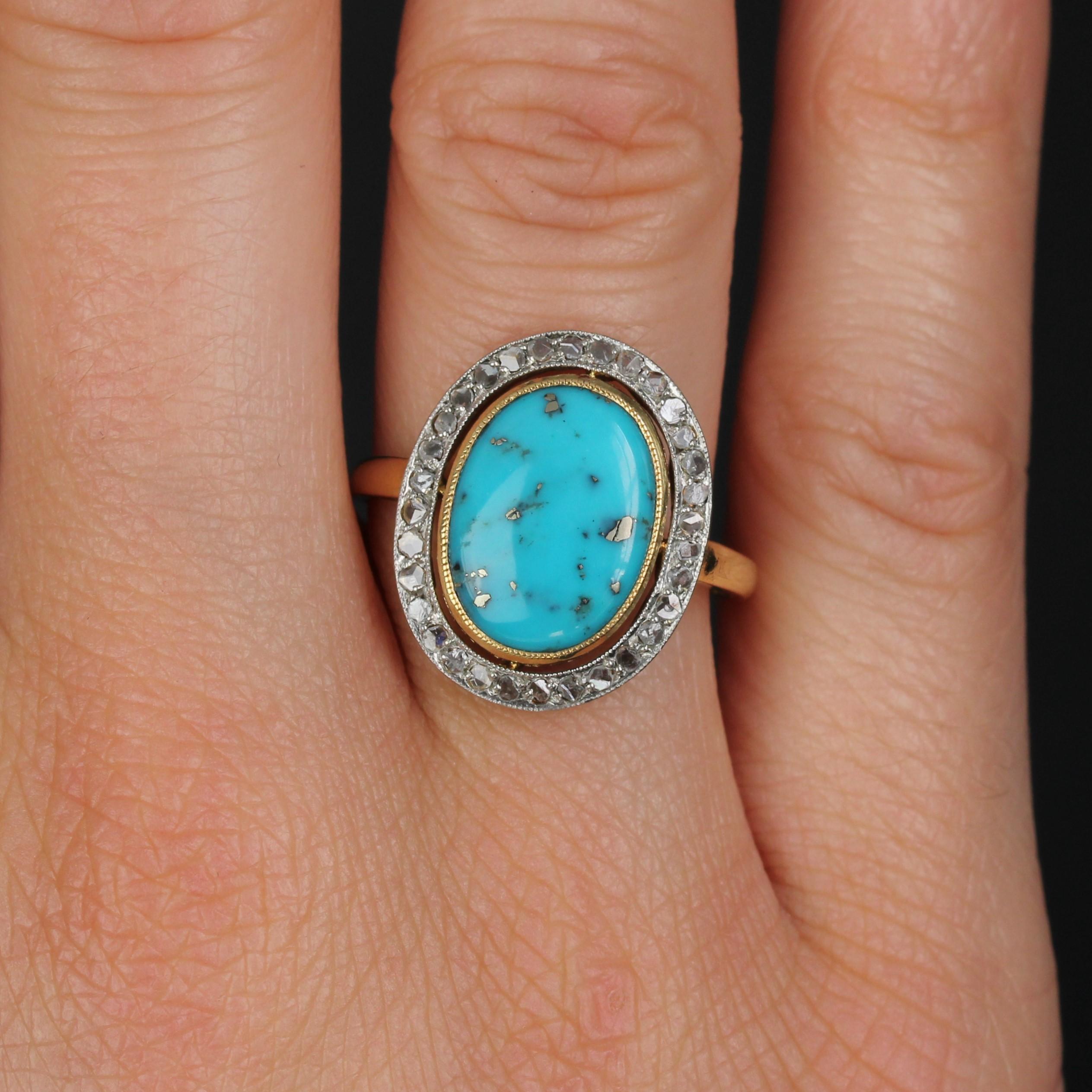 Cabochon 20th Century Turquoise with Pyrite Diamonds 18 Karat Gold Platinum Oval Ring For Sale