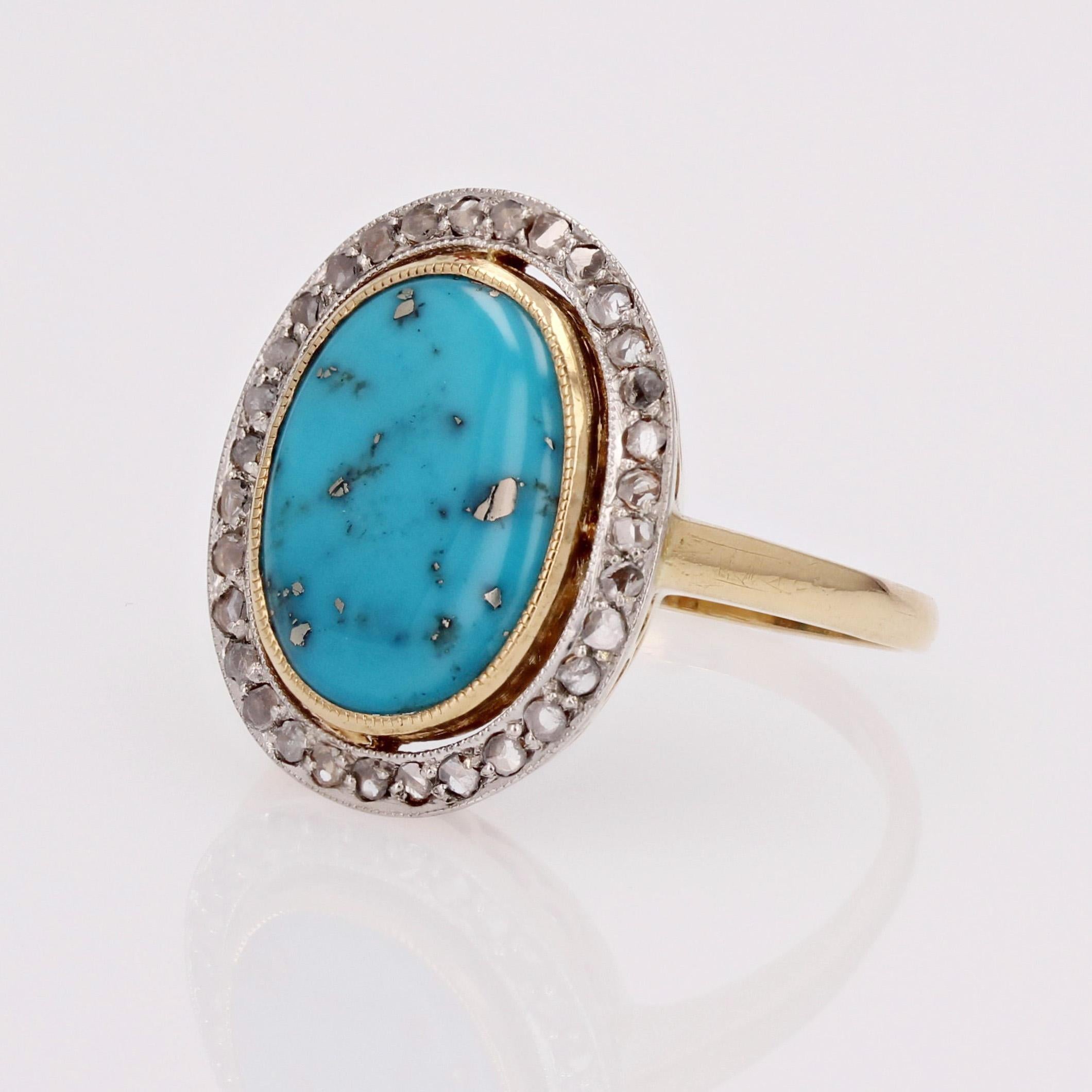 20th Century Turquoise with Pyrite Diamonds 18 Karat Gold Platinum Oval Ring In Excellent Condition For Sale In Poitiers, FR