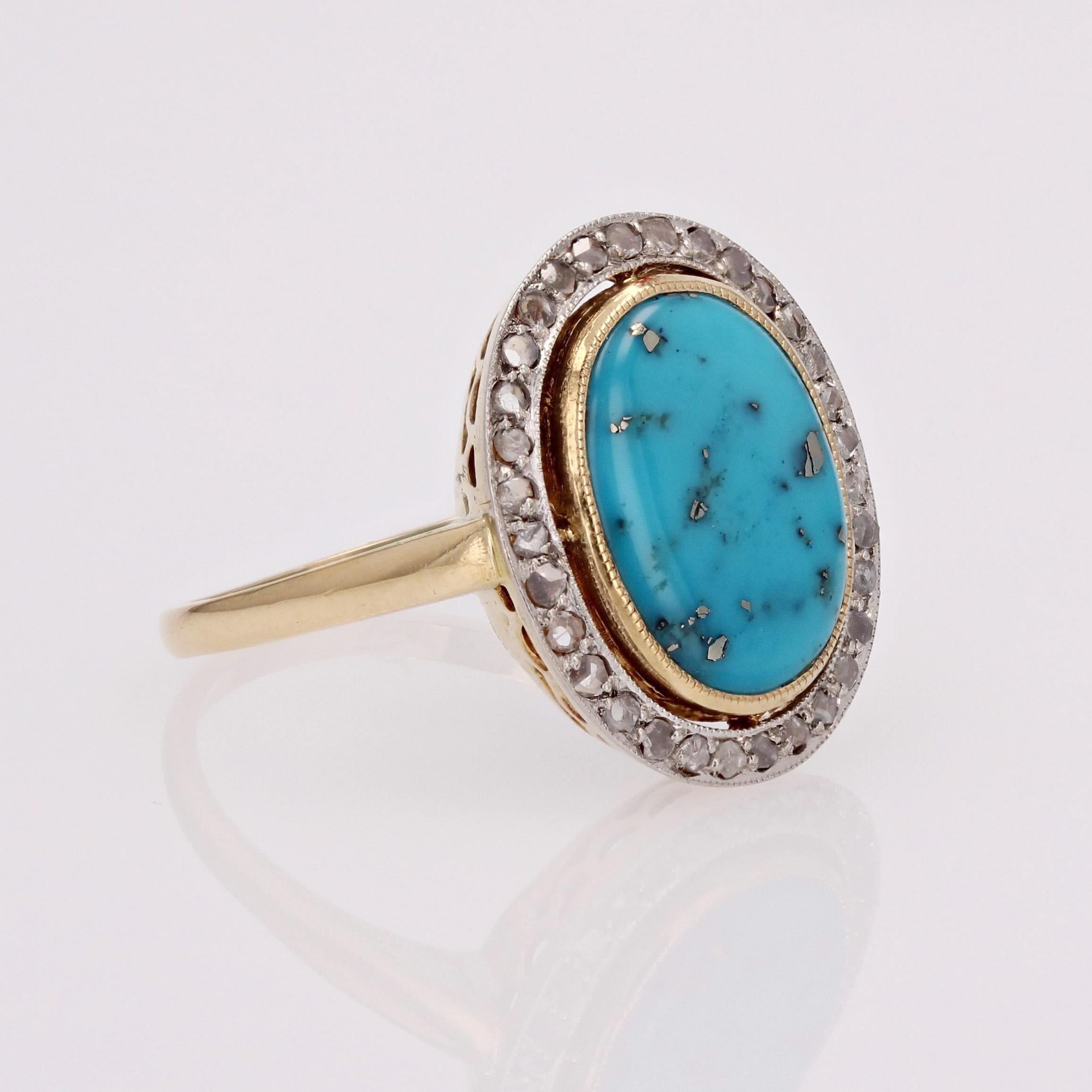 20th Century Turquoise with Pyrite Diamonds 18 Karat Gold Platinum Oval Ring For Sale 1