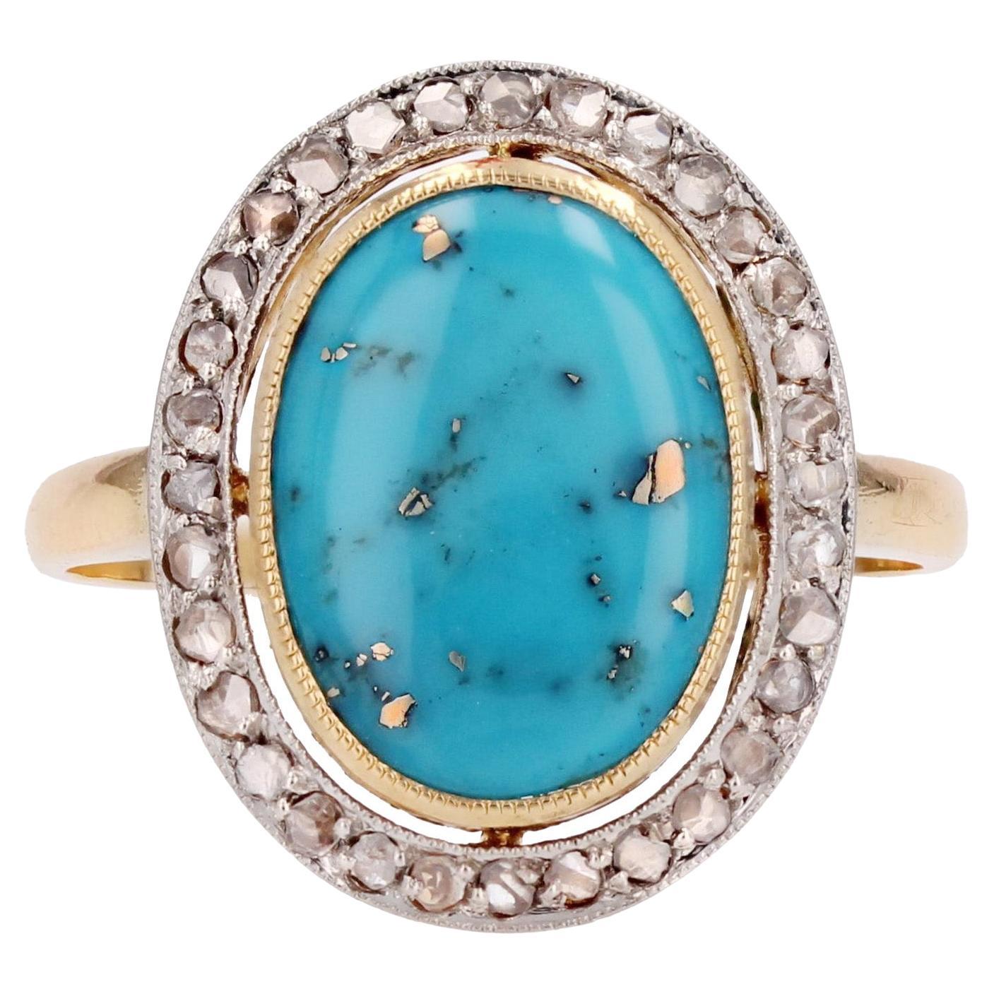 20th Century Turquoise with Pyrite Diamonds 18 Karat Gold Platinum Oval Ring For Sale