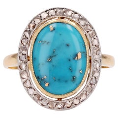 Antique 20th Century Turquoise with Pyrite Diamonds 18 Karat Gold Platinum Oval Ring