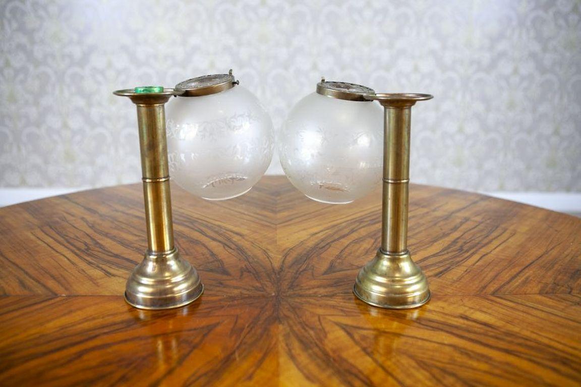 Dutch 20th-Century Two Candlesticks With Glass Shades For Sale