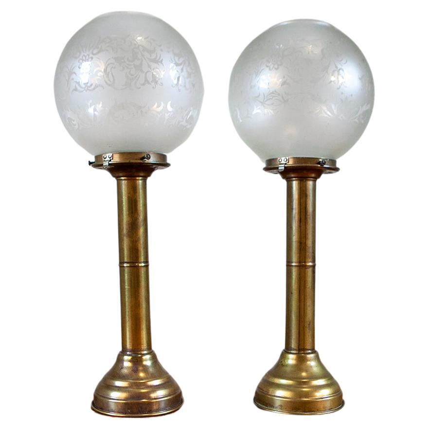 20th-Century Two Candlesticks With Glass Shades For Sale