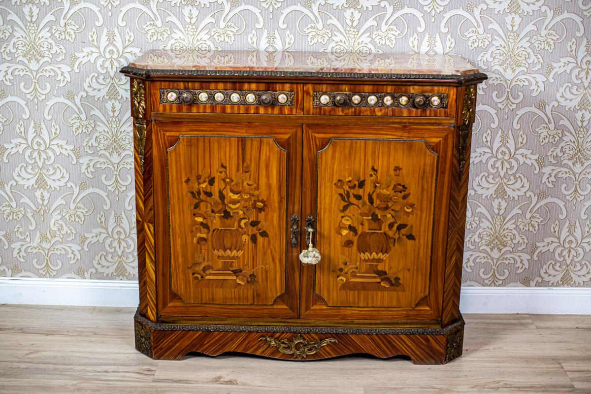European 20th-Century Richly Inlaid Two-Leaf Cabinet with Marble Top For Sale