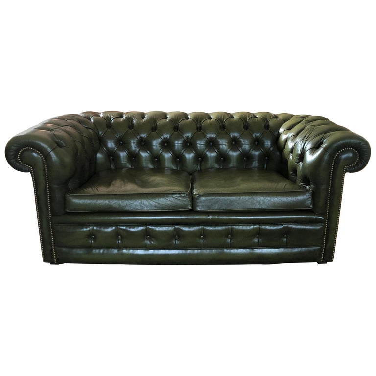 20th Century Two Seated Chesterfield, Dark Green Leather Sofa And Loveseat