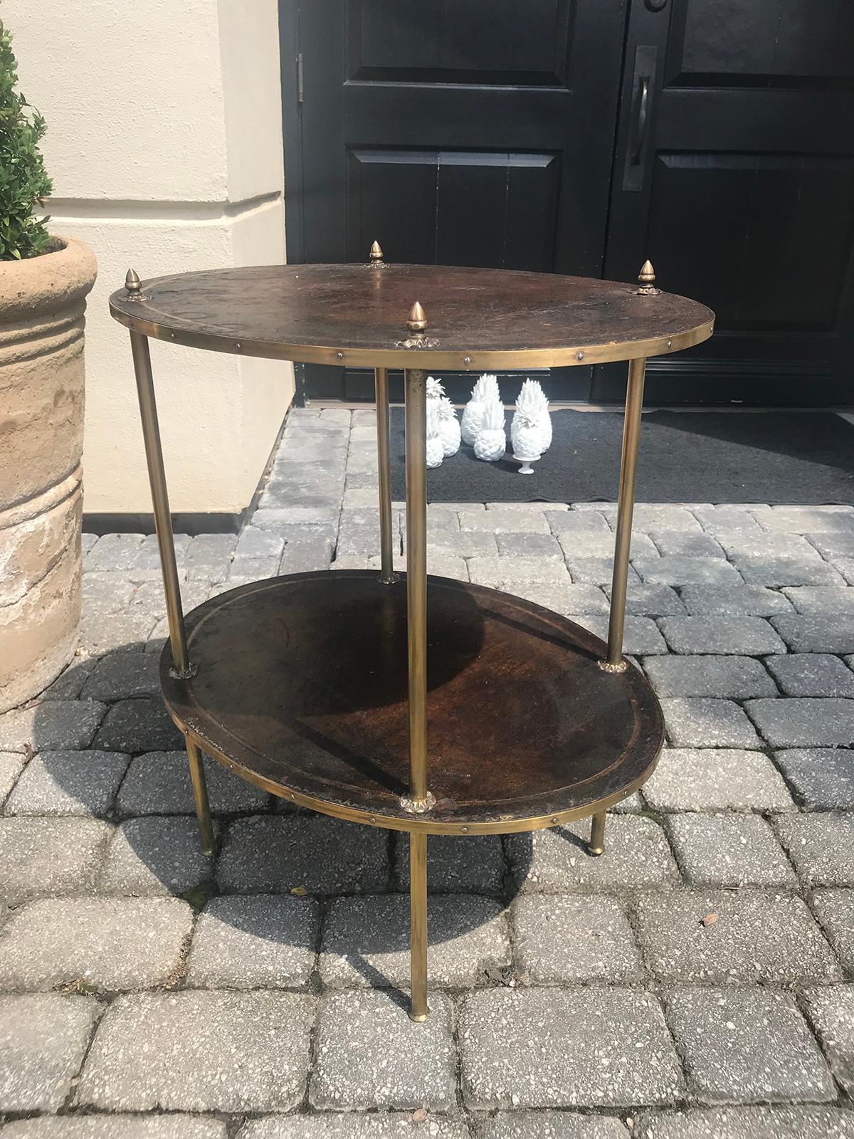 20th Century Two-Tier Oval Leather and Brass Side Table 7