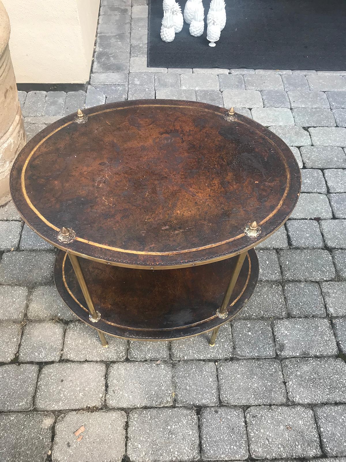 20th Century Two-Tier Oval Leather and Brass Side Table In Good Condition In Atlanta, GA