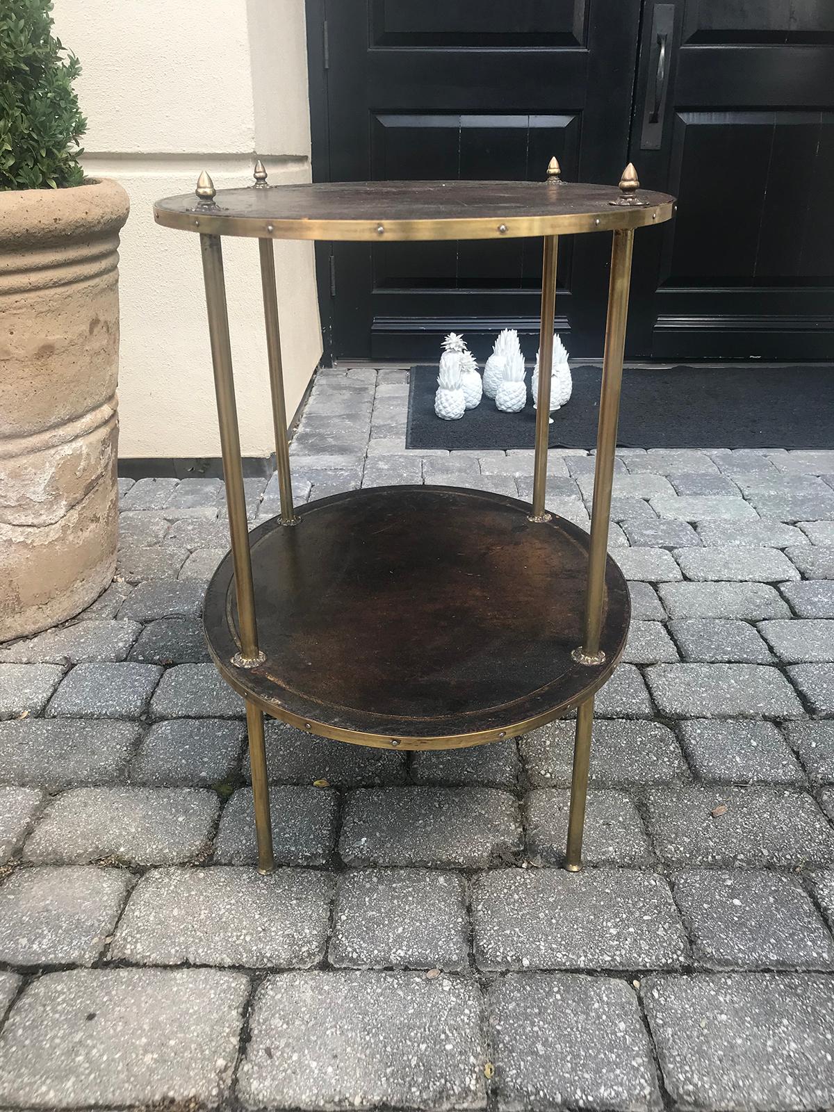 20th Century Two-Tier Oval Leather and Brass Side Table 1
