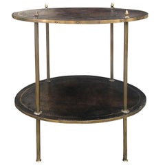 20th Century Two-Tier Oval Leather and Brass Side Table